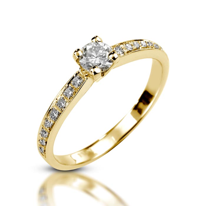 14k Yellow Gold Engagement Pavé Band, Round Solitaire 0.20ct Diamond Ring