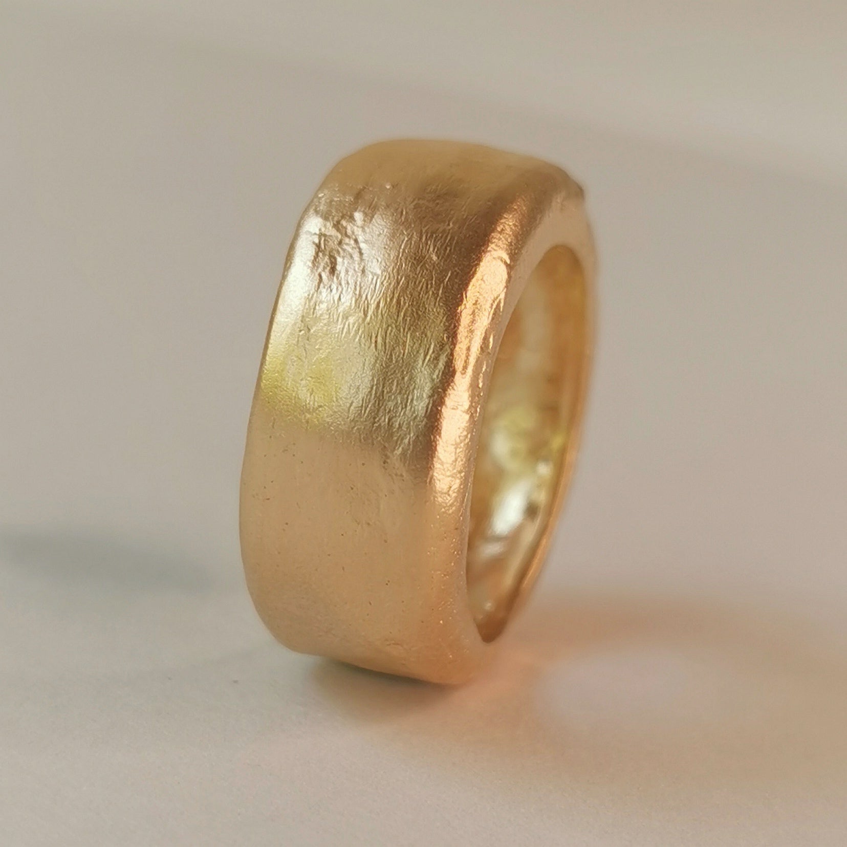 18K Solid Yellow Gold Chunky Wedding Band Ring with Rounded Edges and Rustic Organic Matte Gold Finish