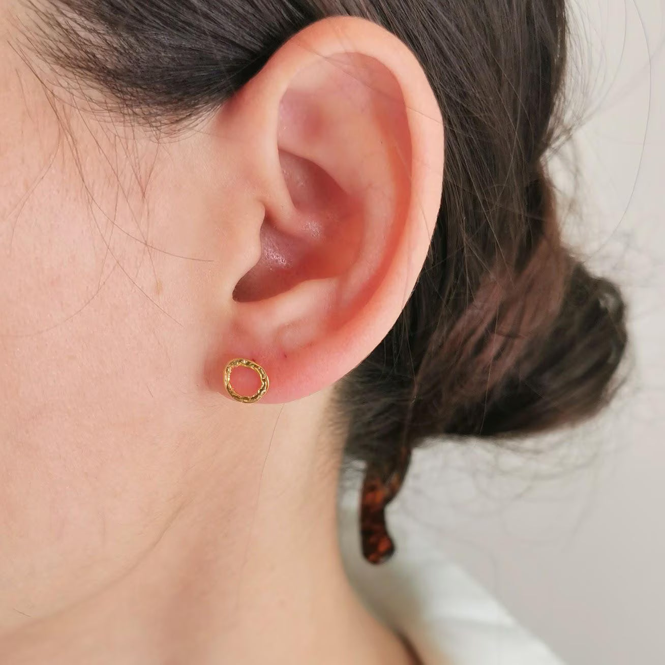 Delicate Textured Solid Gold Circle Stud Earrings
