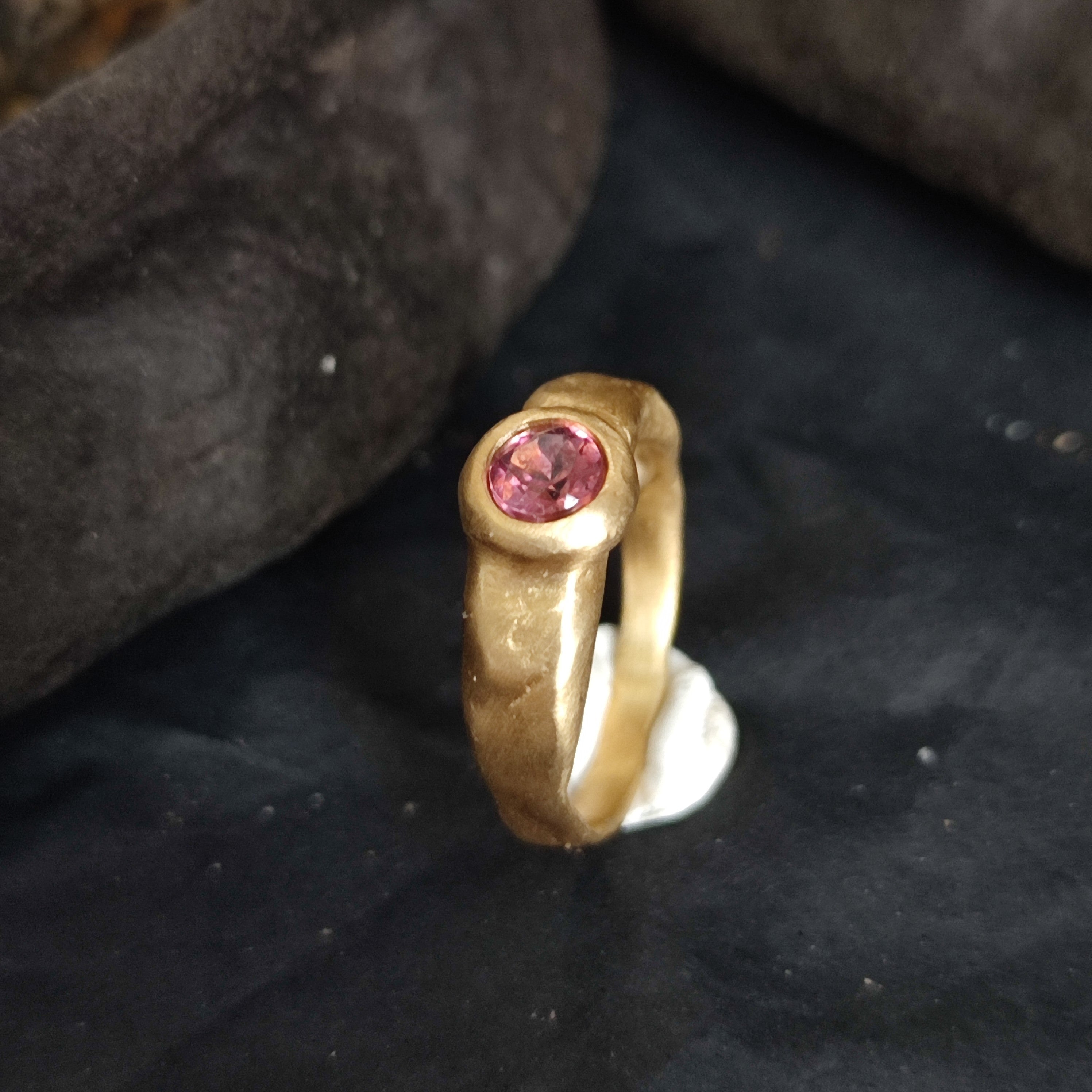 Pink Tourmaline Rustic 18k Gold Ring