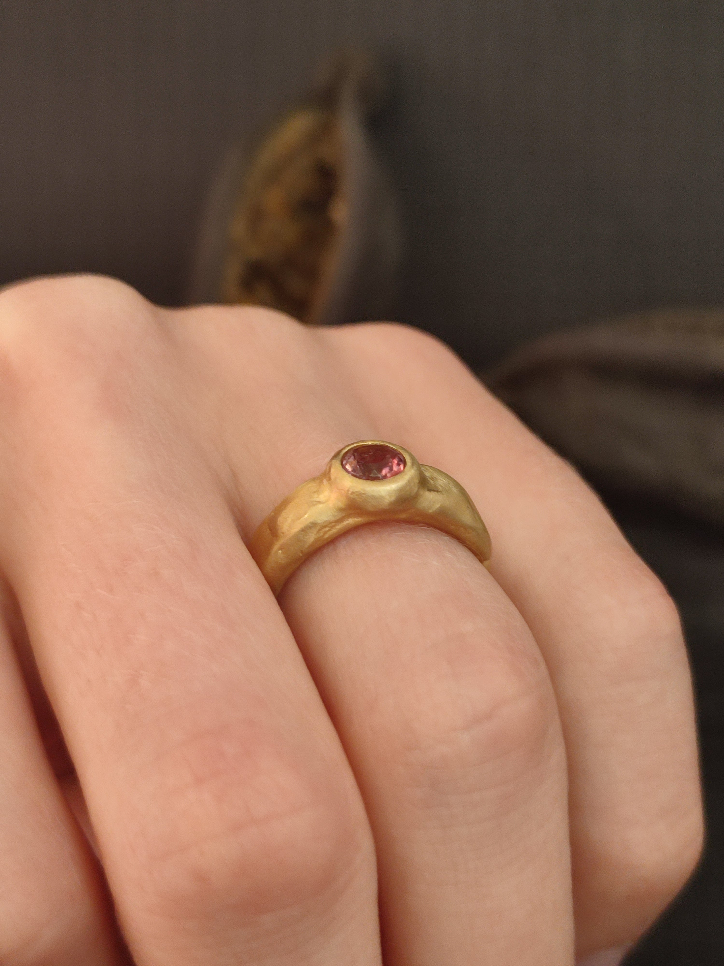 Pink Tourmaline Rustic 18k Gold Ring