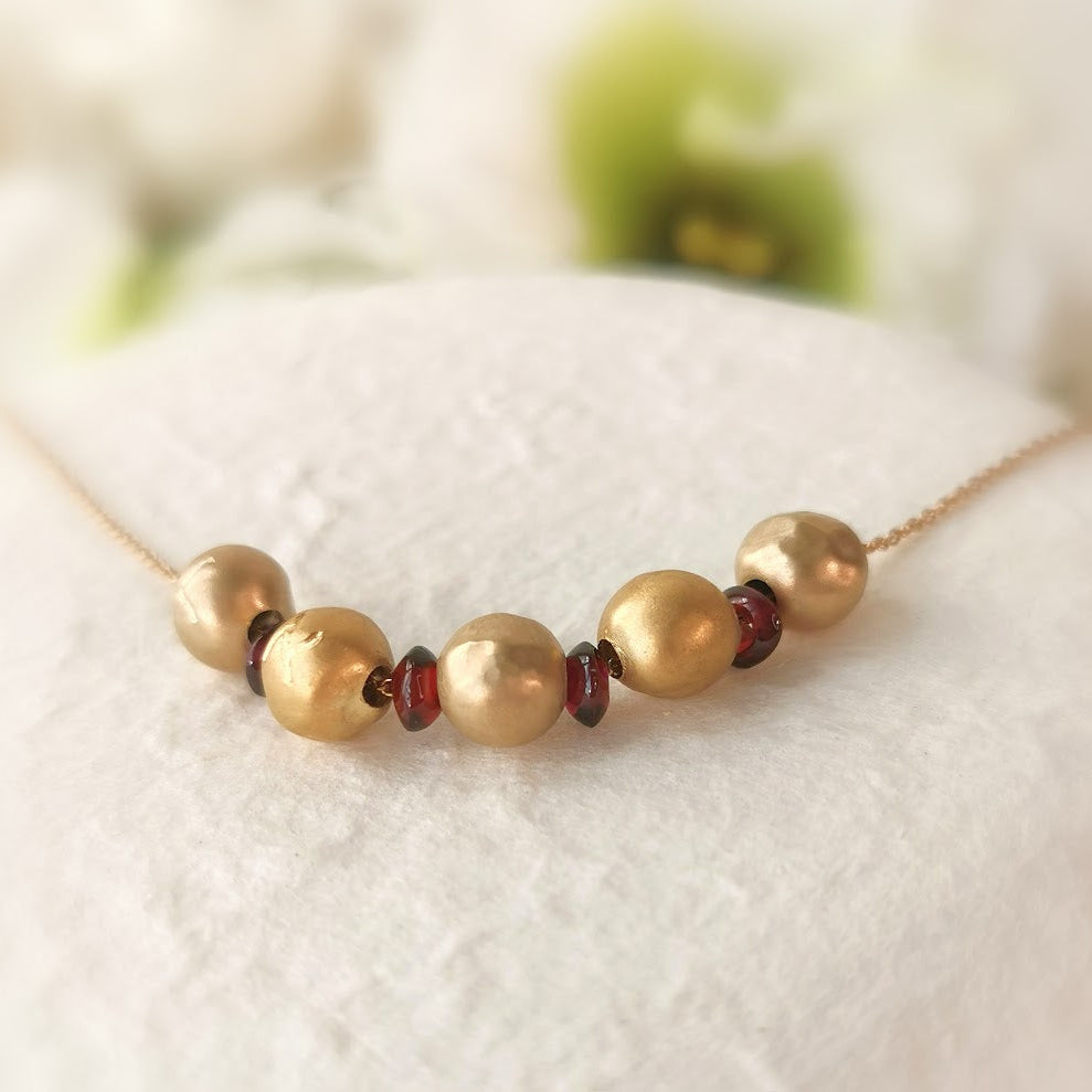 18k Gold Large Bead Ball Necklace with Red Garnet Beads