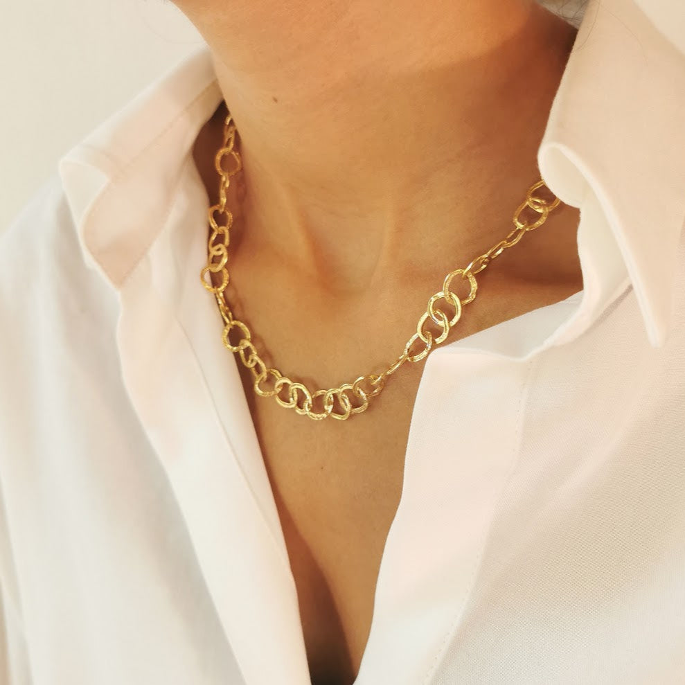 14K Solid Gold Chain Link Necklace Organic Rustic Elegance-ZadokGold