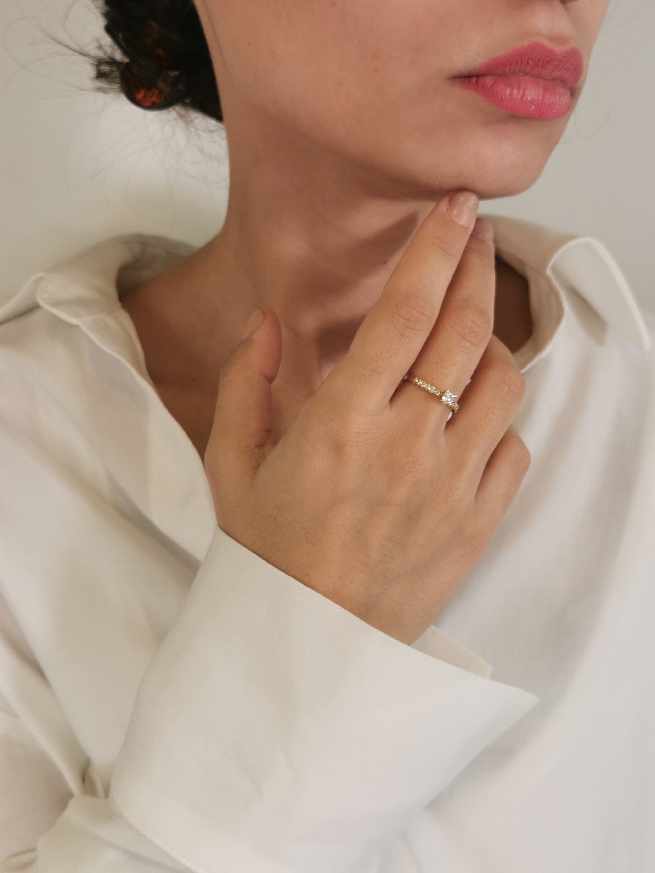 14k Gold Engagement Pavé Band, Round Solitaire 0.20ct Diamond Ring