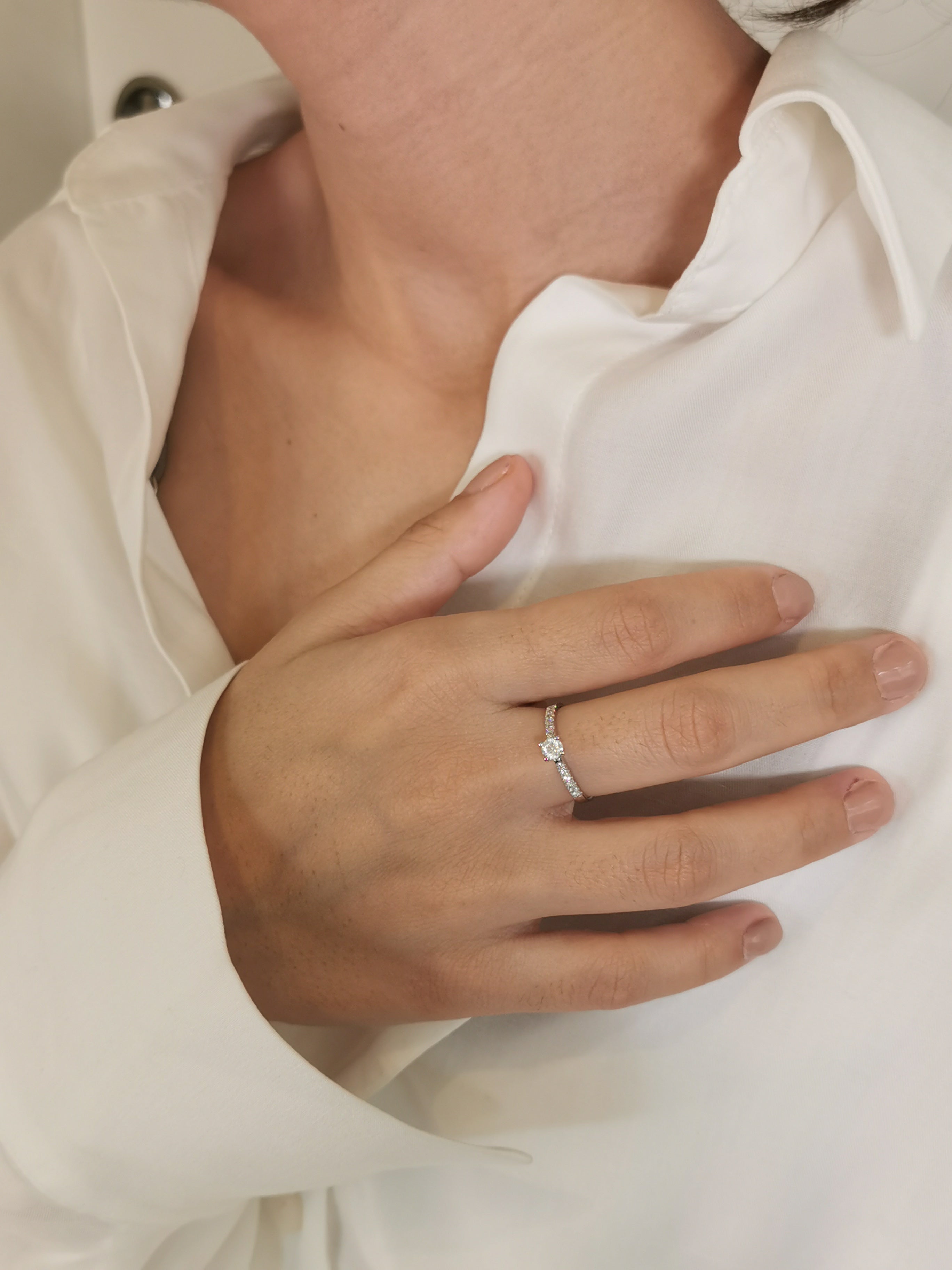 14k Gold Engagement Pavé Band, Round Solitaire 0.20ct Diamond Ring