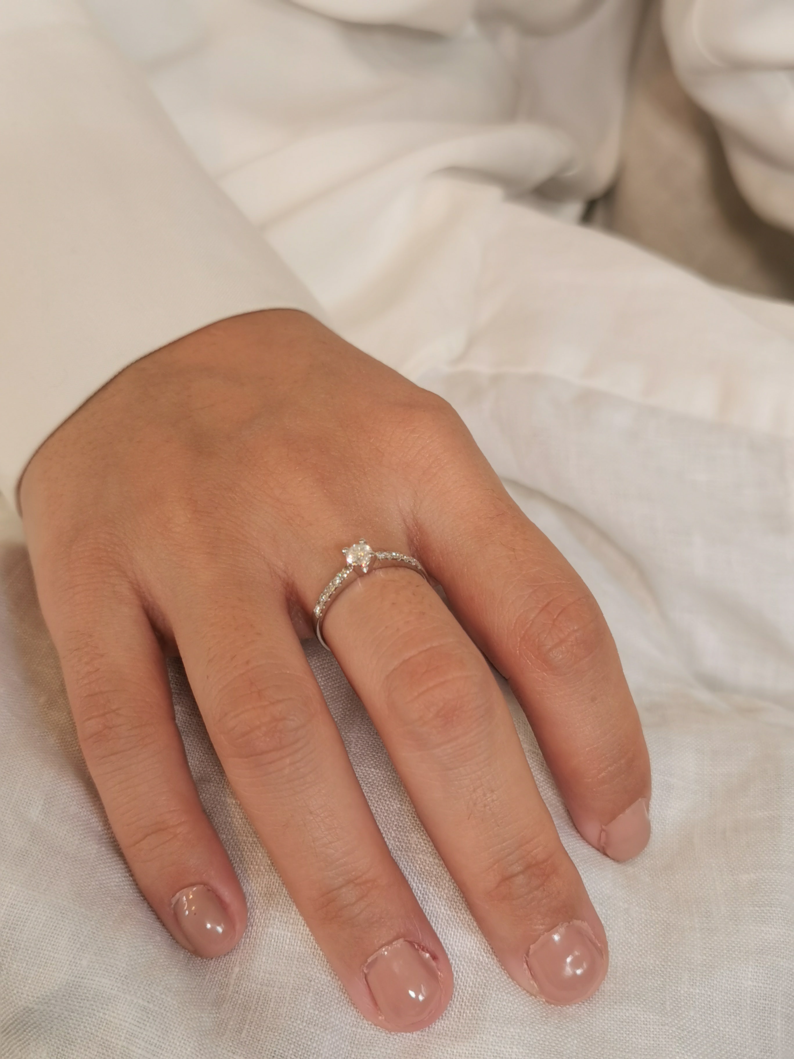 14k Gold Engagement Pavé Band, Round Solitaire 0.20ct Diamond Ring