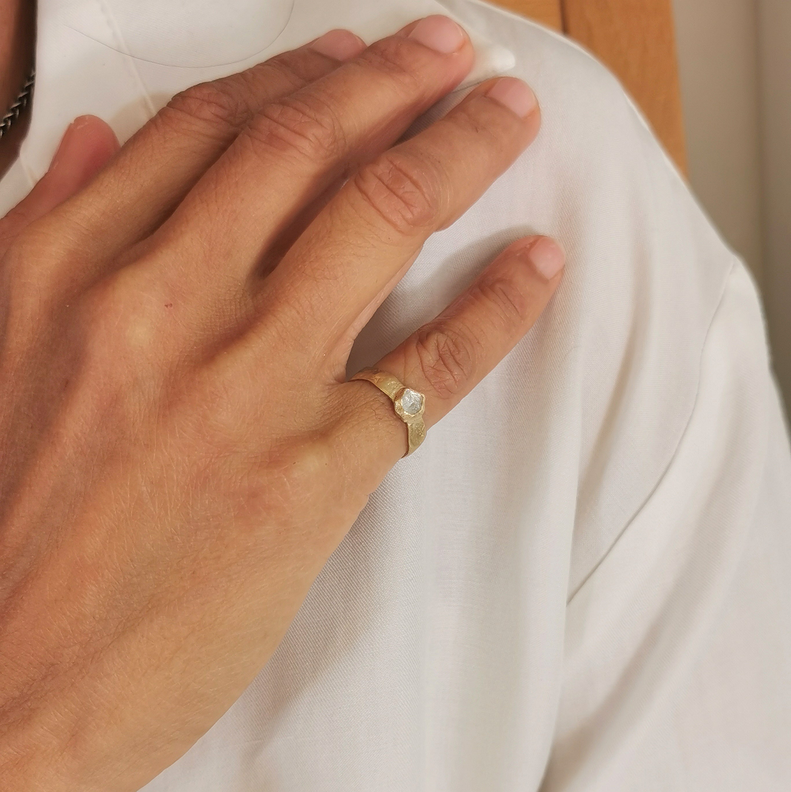 Raw Diamond Hand Forged 18k Gold Ring ,Organic Hammered Engagement Ring