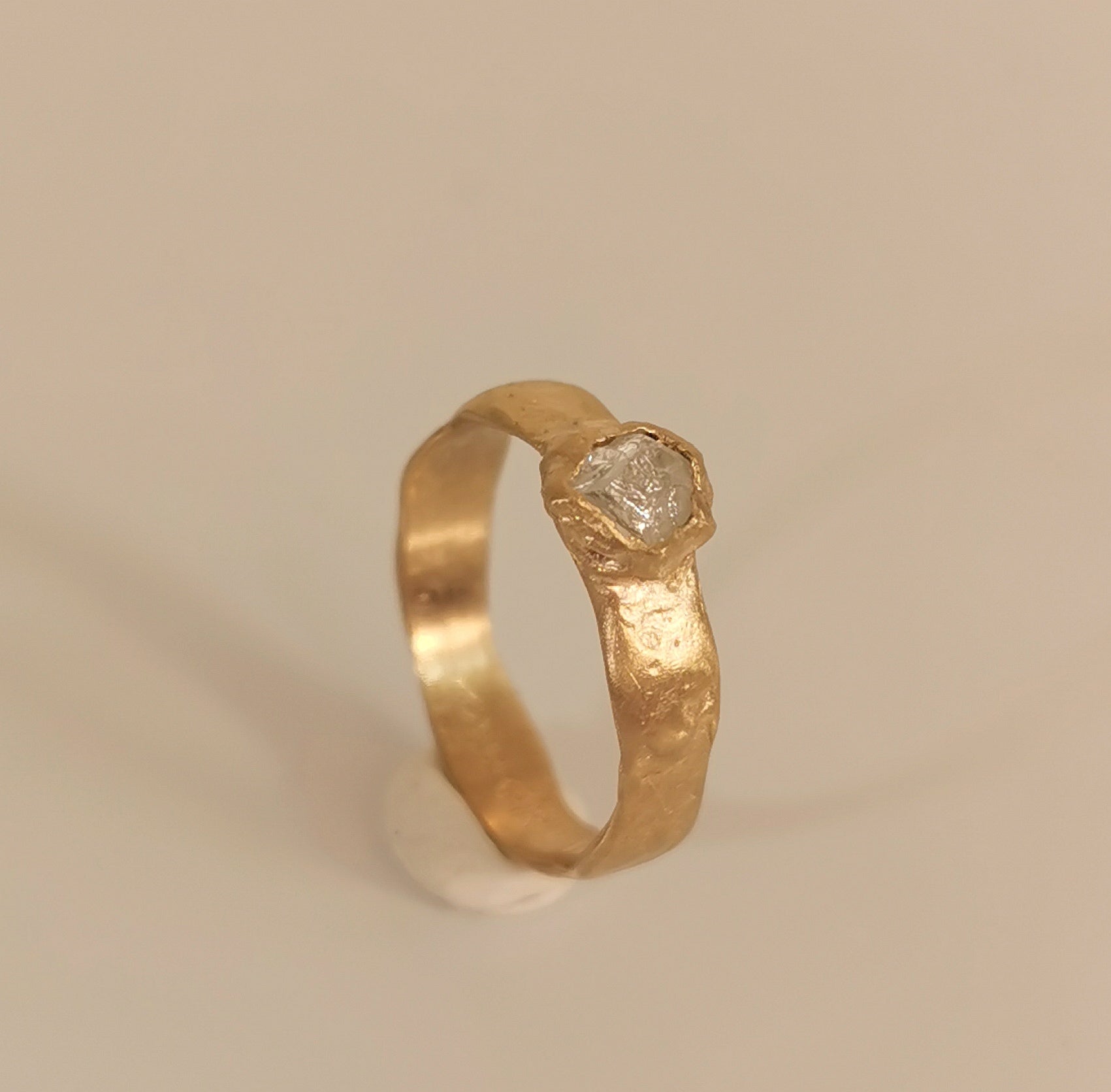 Raw Diamond Hand Forged 18k Gold Ring ,Organic Hammered Engagement Ring