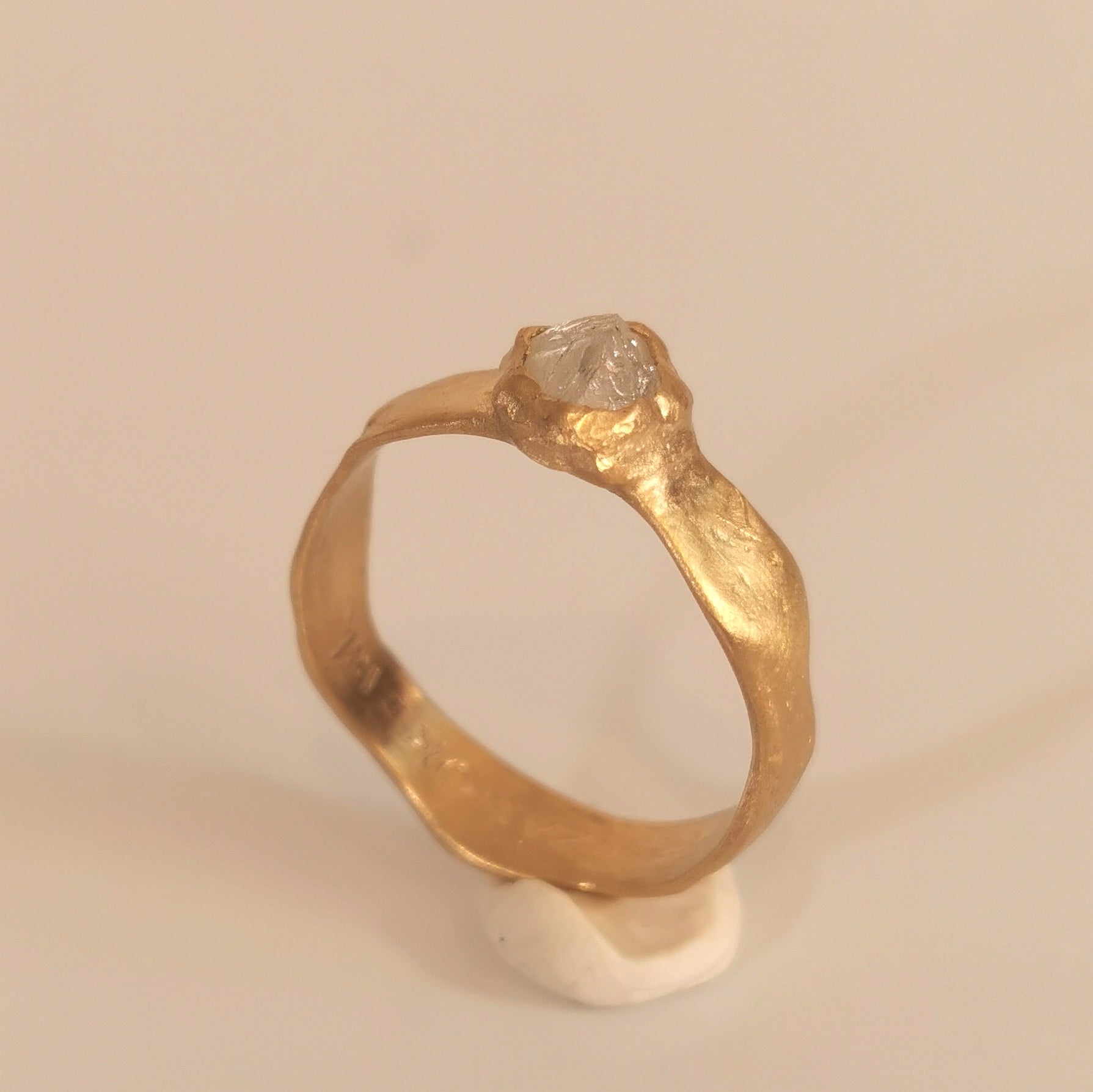 Raw Diamond Hand Forged 18k Gold Ring ,Organic Hammered Engagement Ring