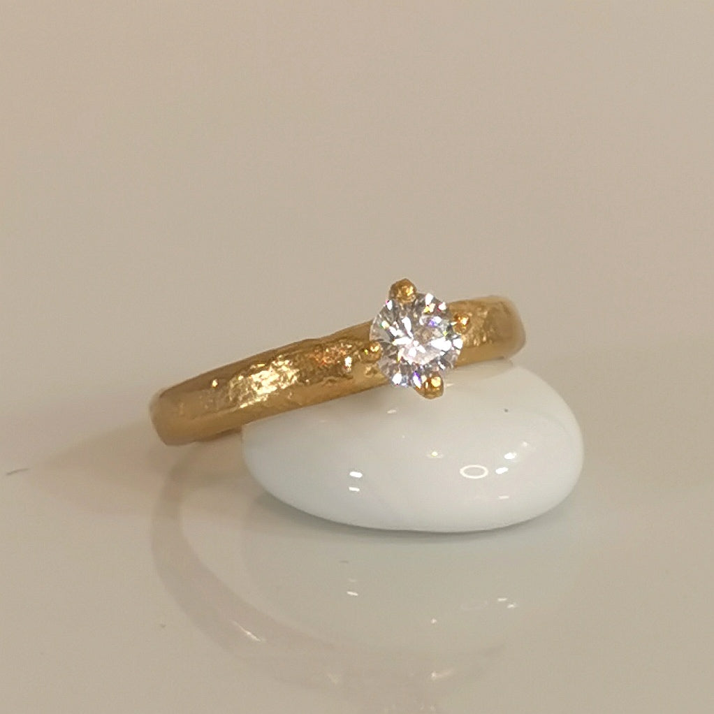 Gold Raw Organic Band with Natural Diamond Solitaire Ring