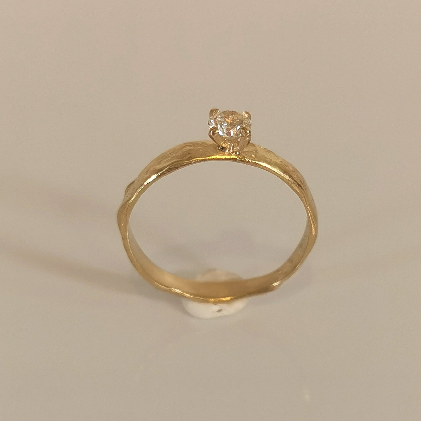 Textured Gold Band with a Solitaire Diamond in a 4 Prong Setting, Unique Engagement Ring