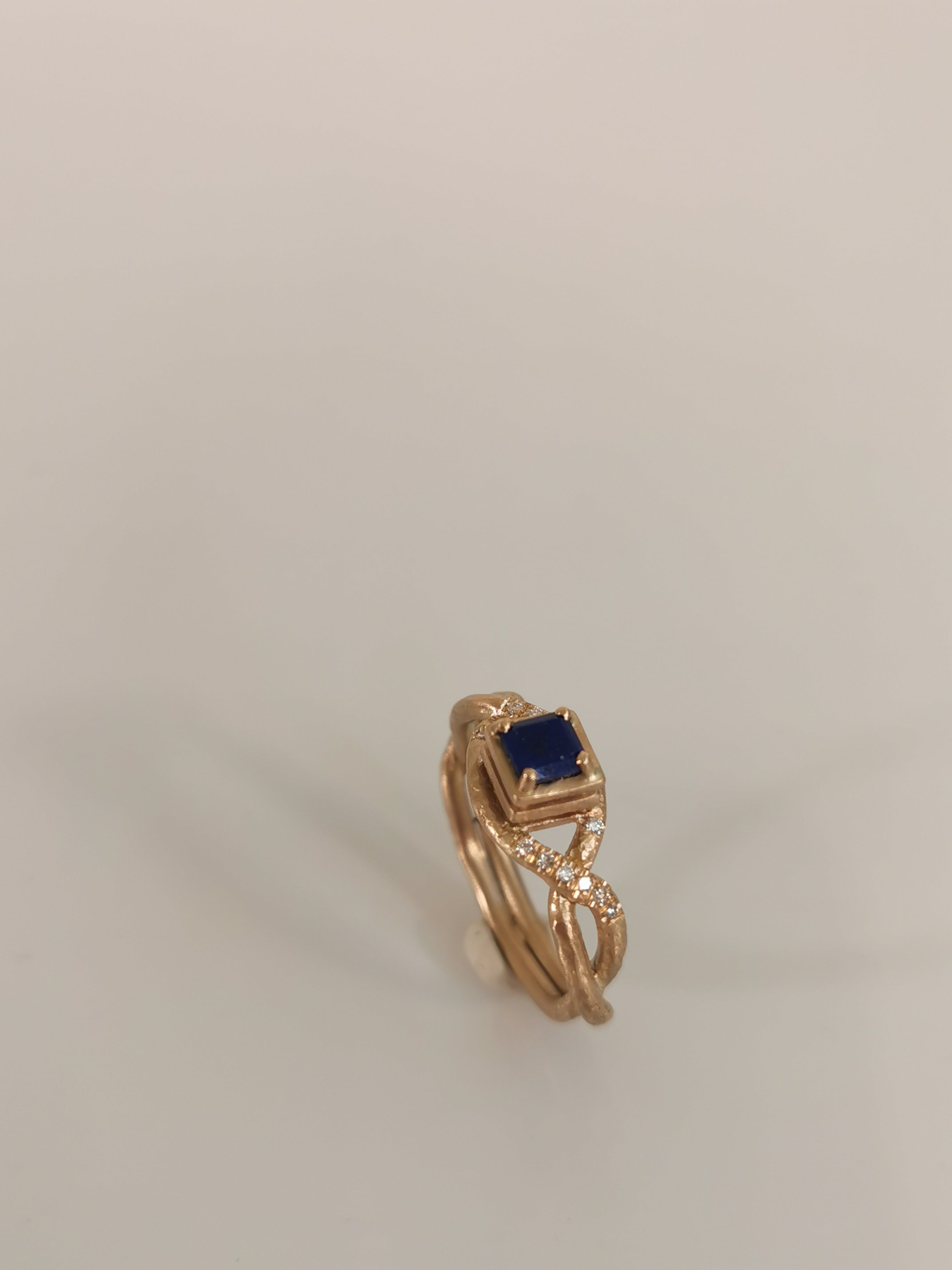 Unique Engagement Gold Ring with Diamonds and Central Blue Lapis Lazuli