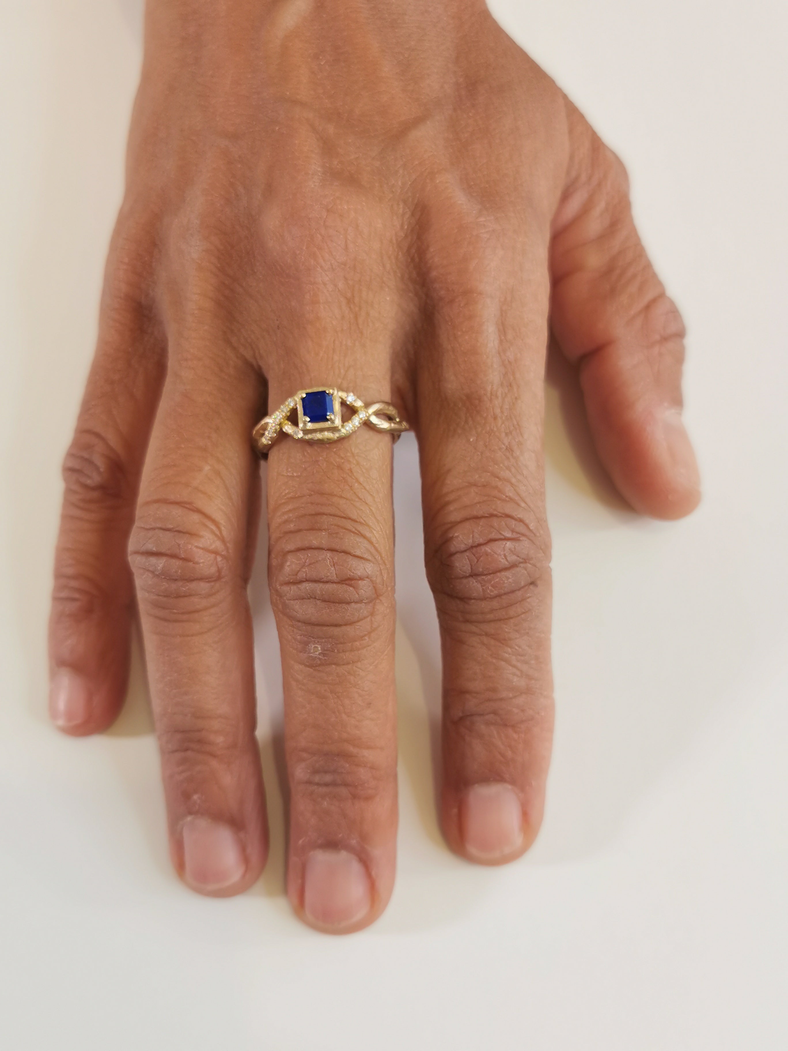 Unique Engagement Gold Ring with Diamonds and Central Blue Lapis Lazuli
