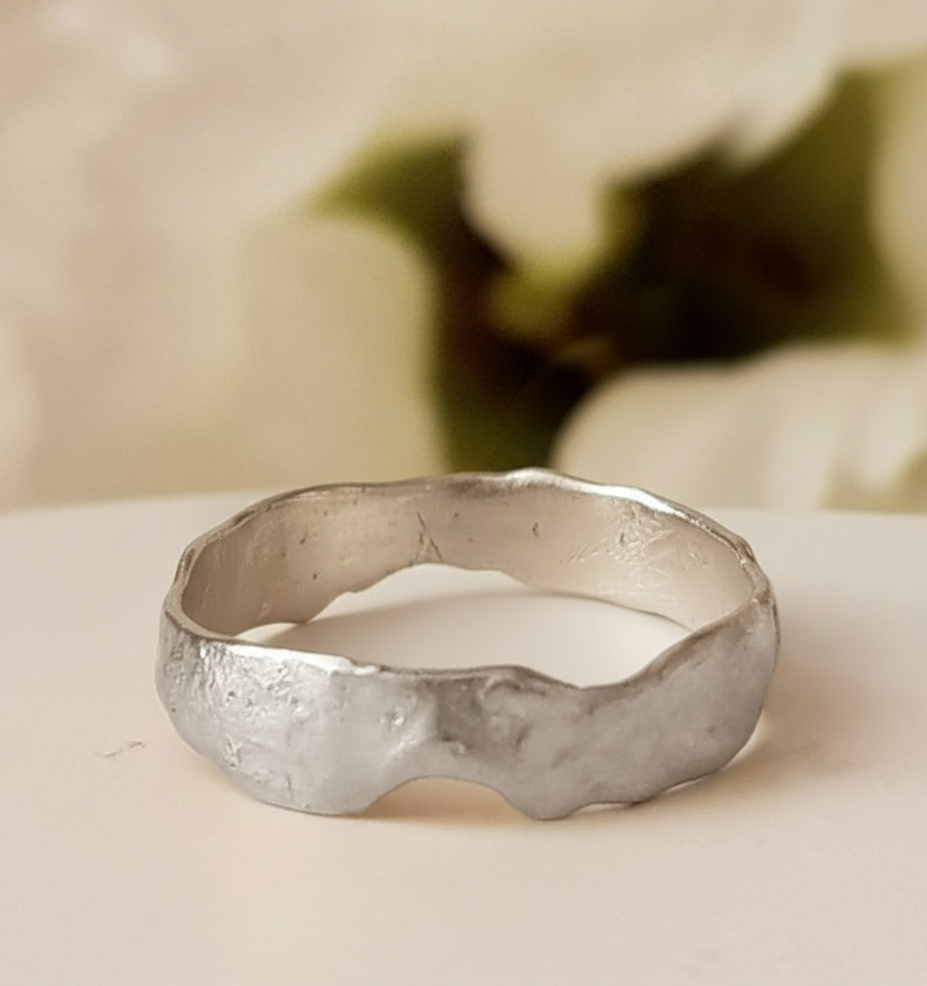 Hand Forged Carved Silver Wedding Band Ring