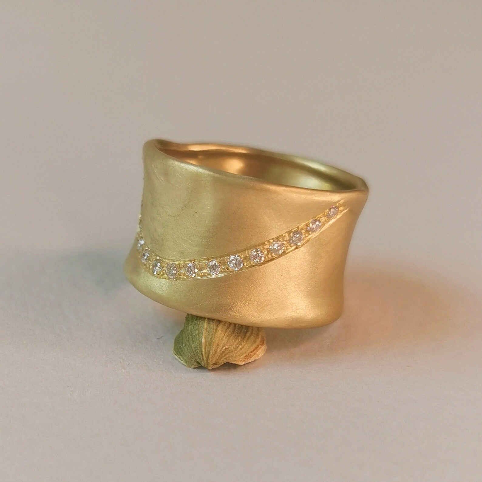 12mm Wide Matte Gold Ring with 15 small Diamonds-ZadokGold