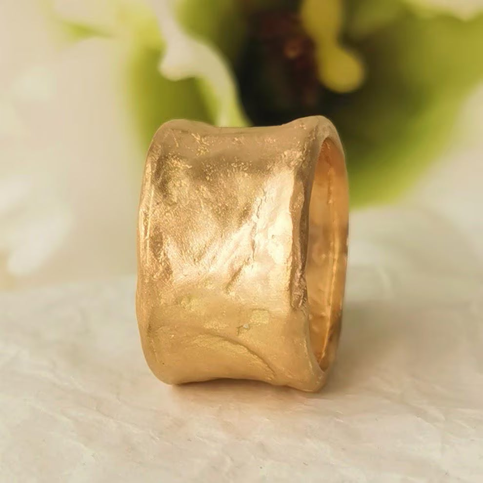 22k Solid Gold Ring 12mm Wide Wedding Band with Textured Surface