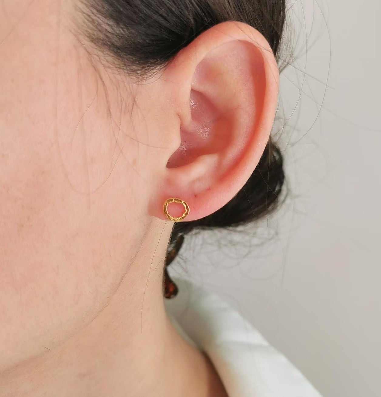 Delicate Textured Solid Gold Circle Stud Earrings