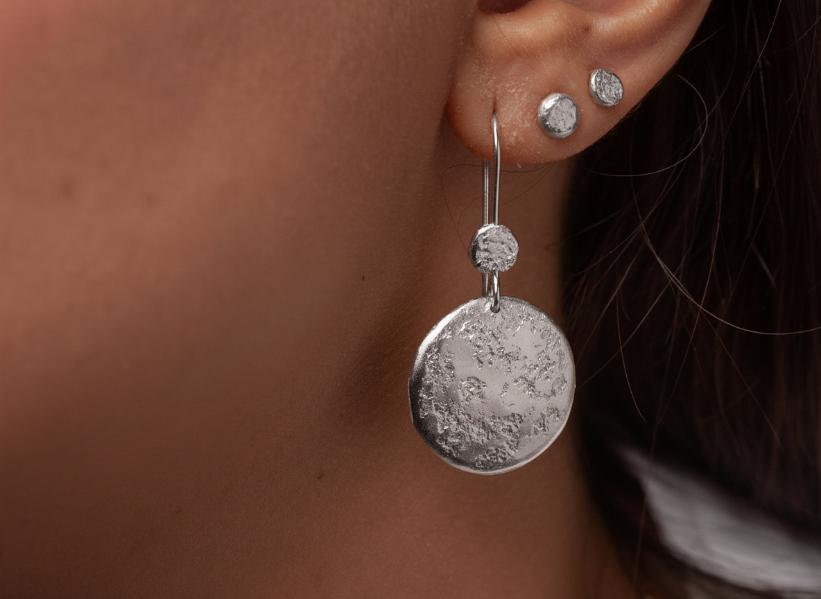 Hammered Textured Silver Disc Earrings for Women, Unique Ancient Silver Jewelry Gifts