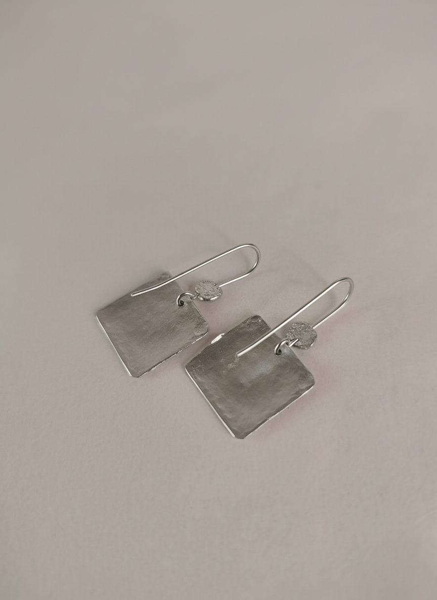 Large Hammered Silver Square Earrings, Unique Silver Boho Earrings for Women