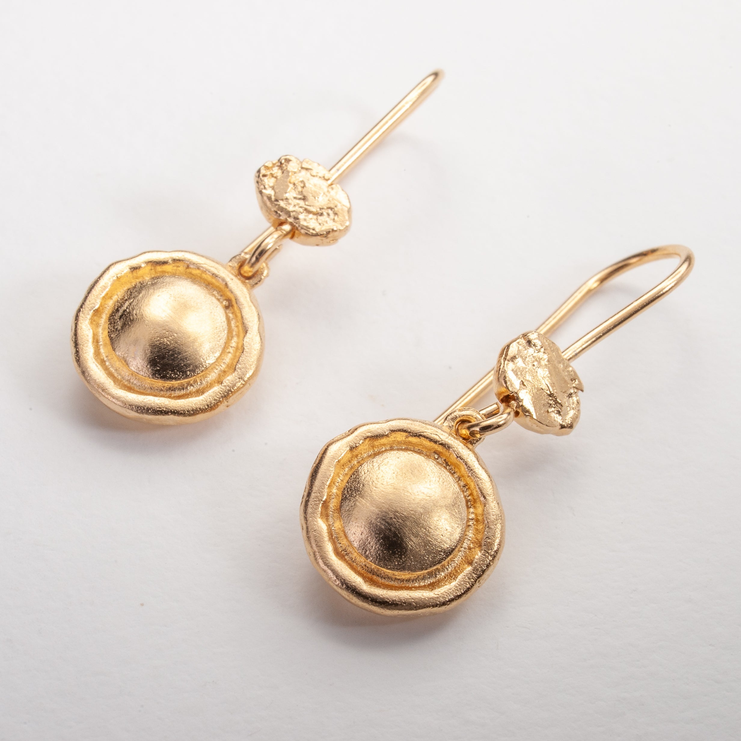 Round Button Coin Circle Dangle Earrings Gold Plated