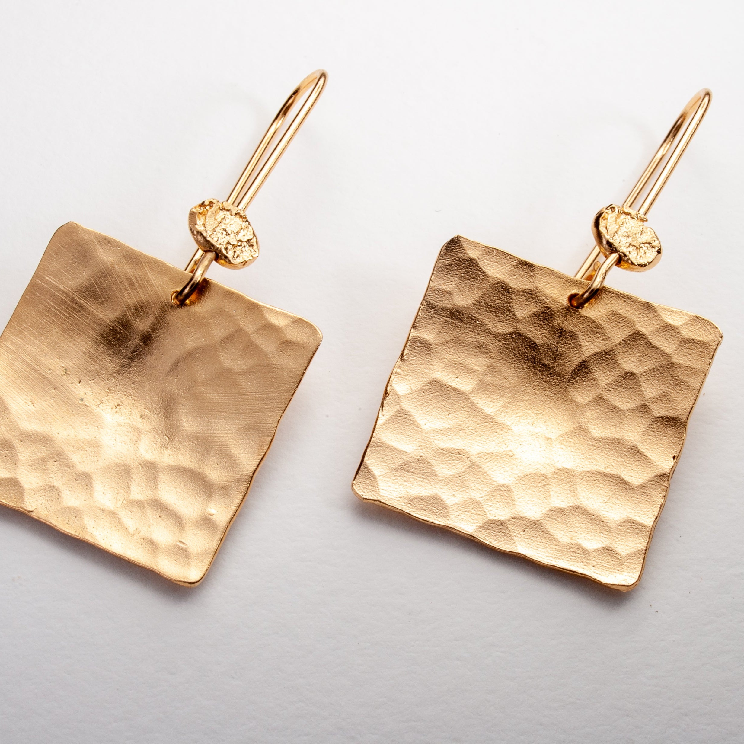 Large 14k Solid Gold Hammered Square Drop Earrings