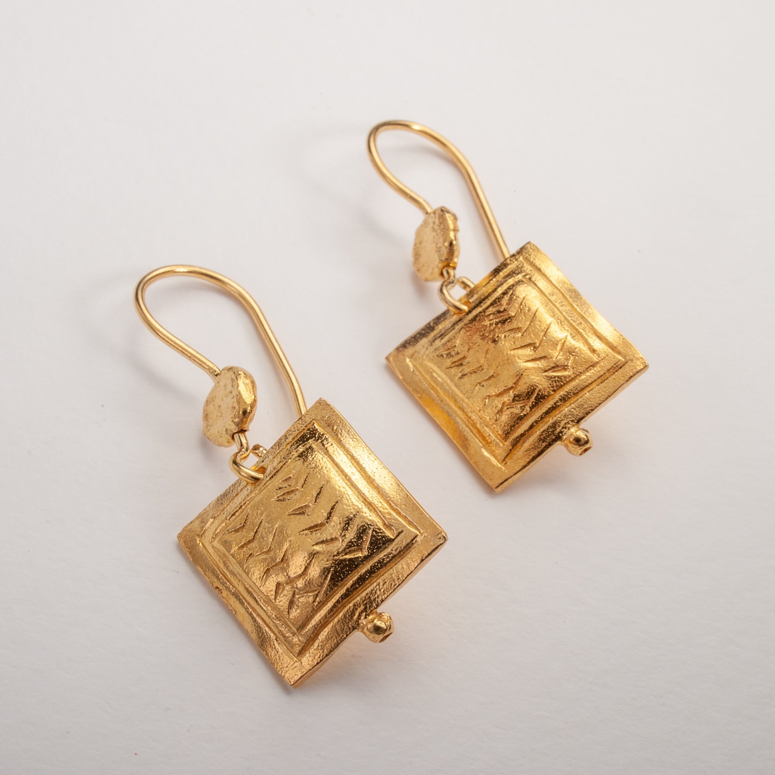 Engraved Ancient Gold Square Earrings