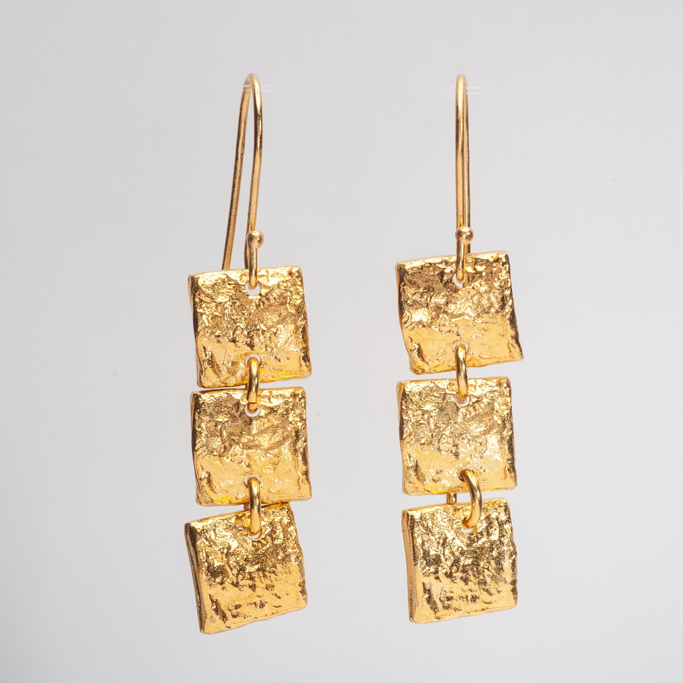 3 Tier Long Gold Square Earrings