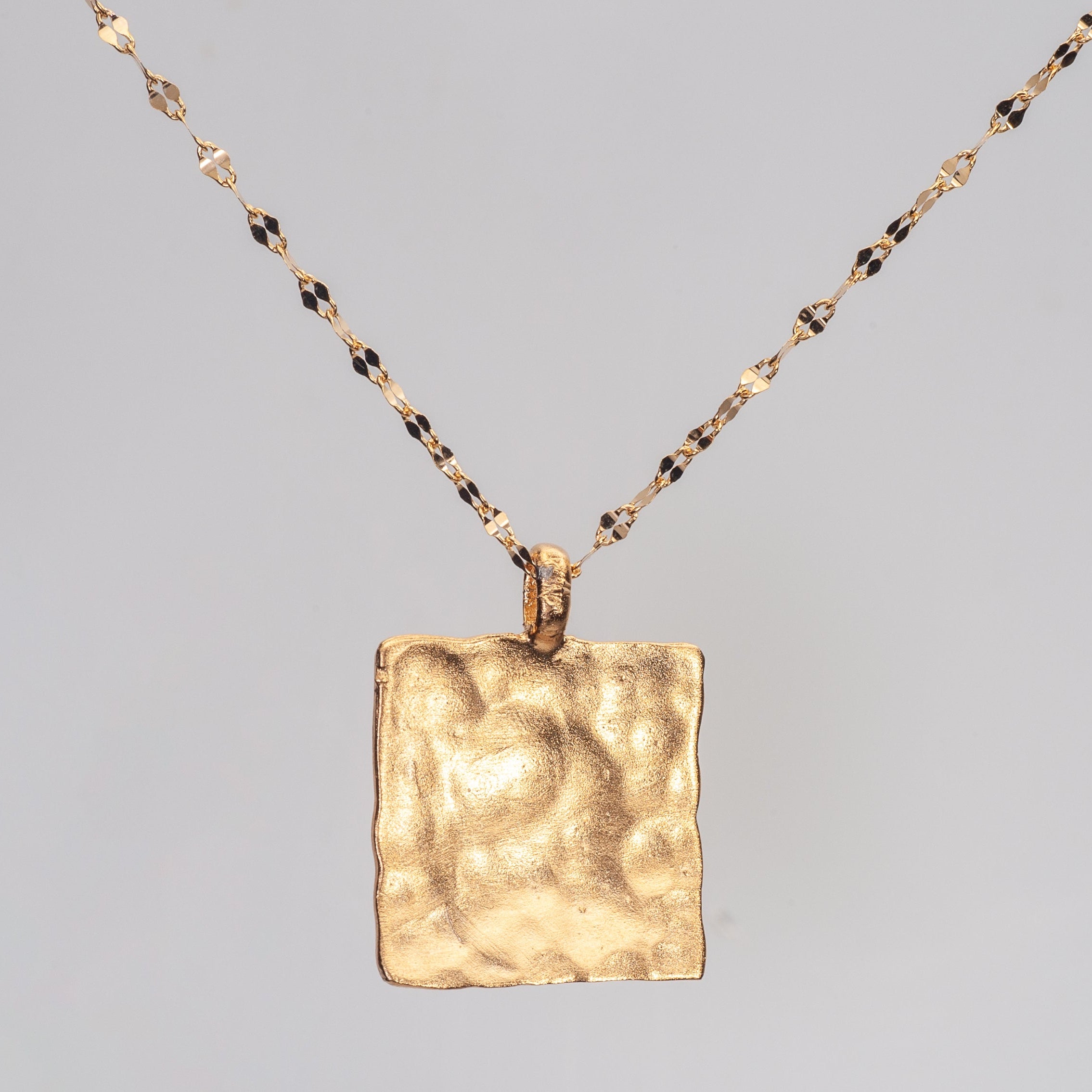 14k Hammered Gold Small Square Pendant Necklace-ZadokGold