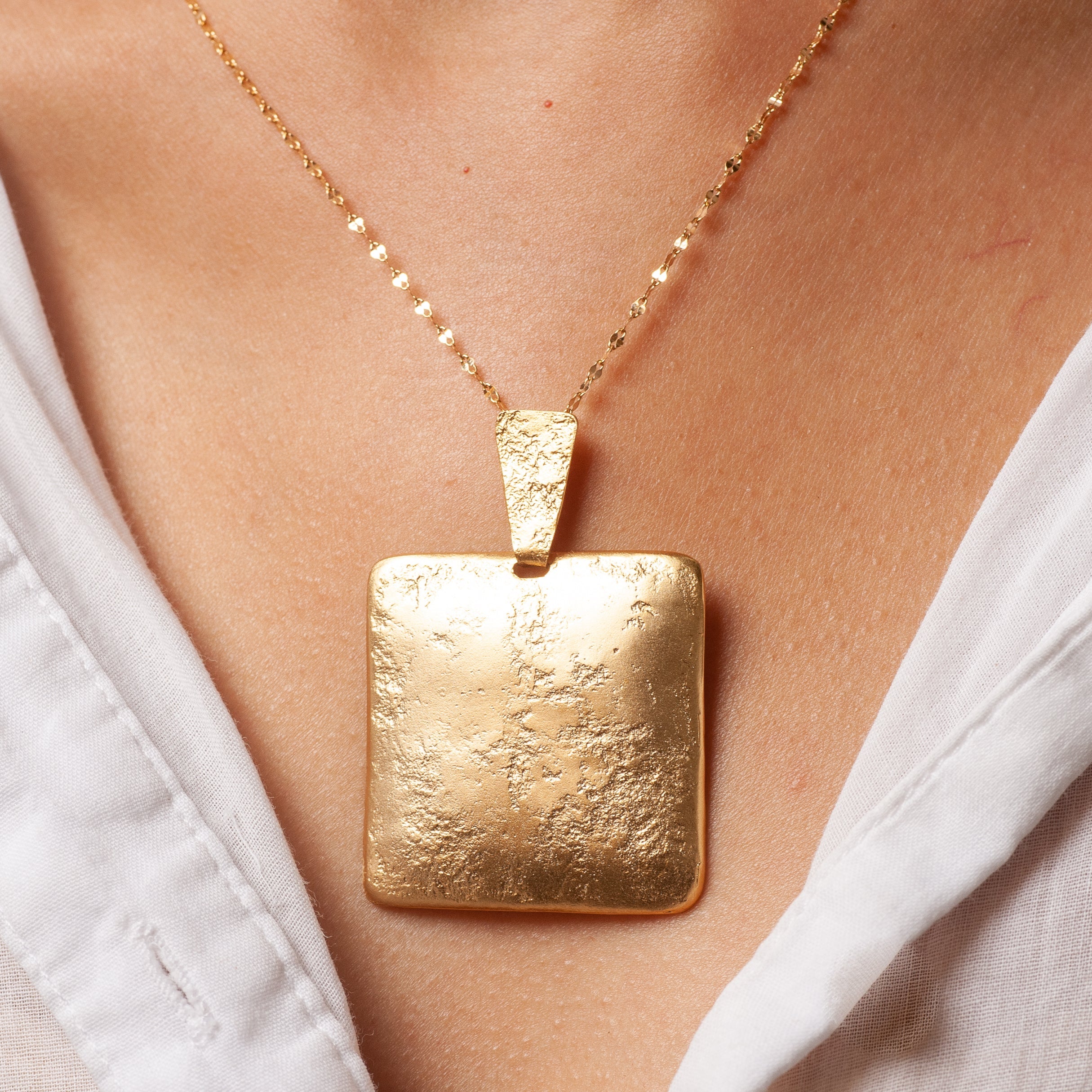 14k Gold large Square Pendant Necklace - Textured Hammered Gold Necklace-ZadokGold