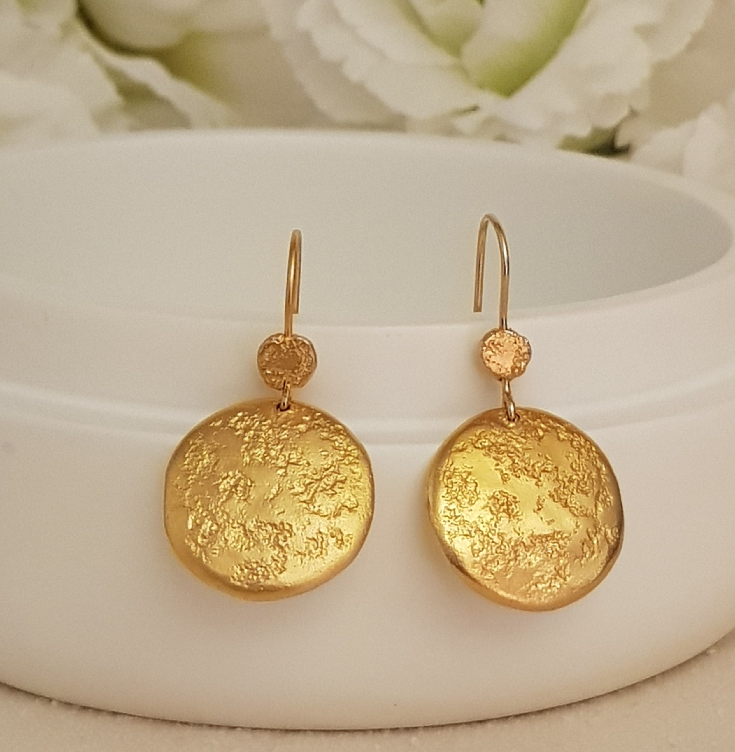 Textured Hammered Gold Round Disc Earrings Gold Plated