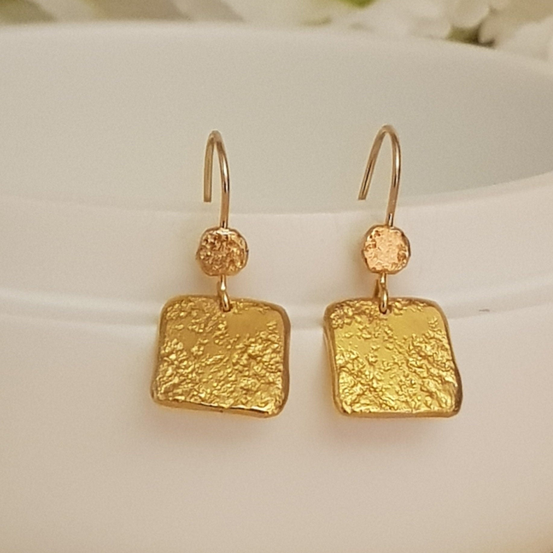 18K Textured Gold Small Square Drop Earrings
