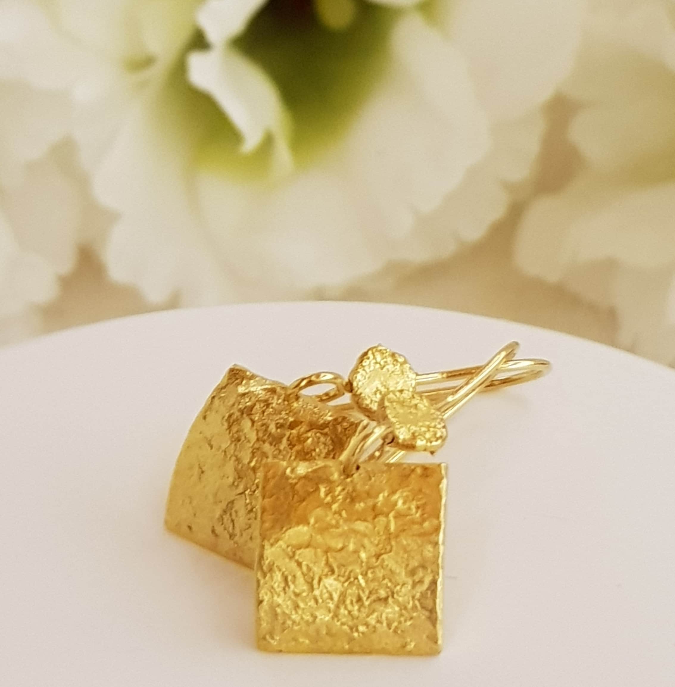 Rough Textured Gold Small Square Drop Earrings Gold Plated