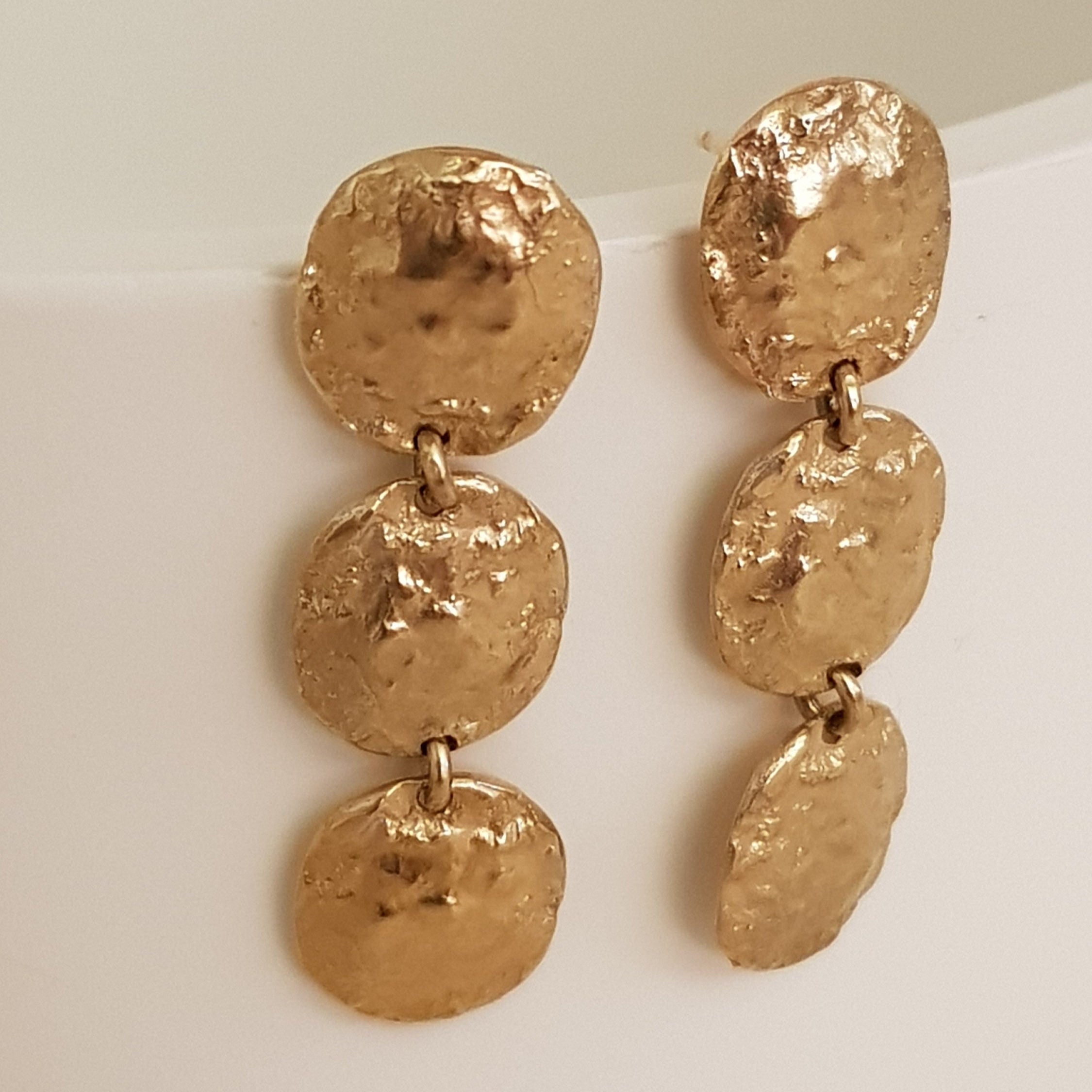 18k Rustic Textured Gold Dangle Earrings, 3 Piece Disc Earrings