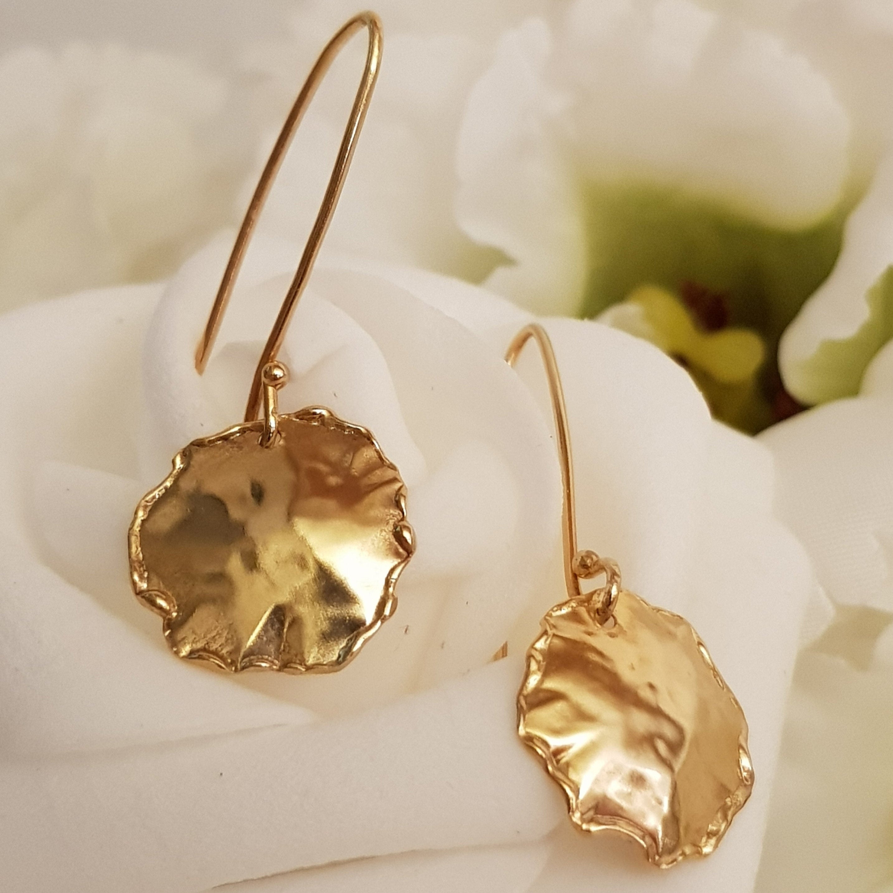 14k Gold Small Circle Dangle Earrings, Melted Textured Gold-ZadokGold