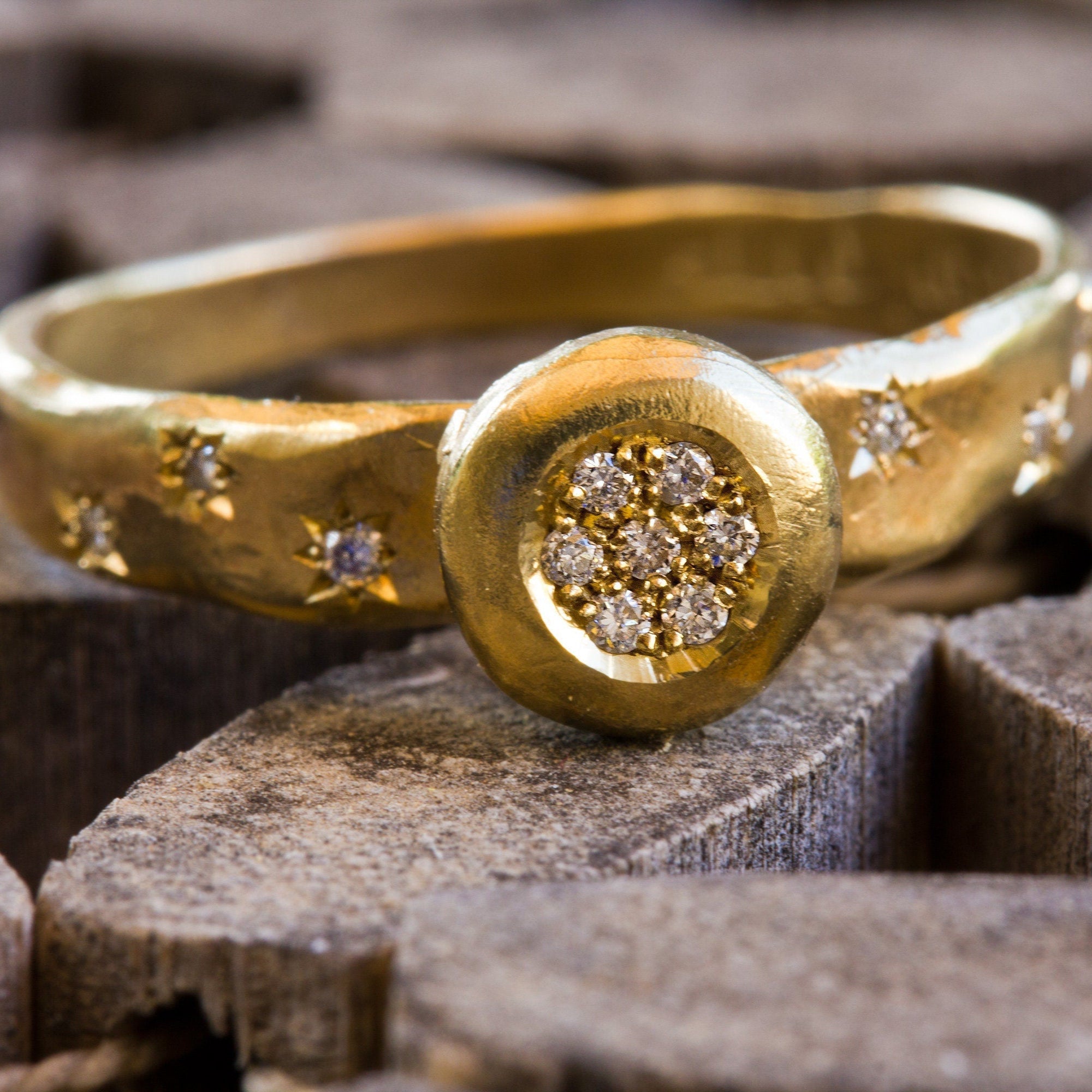 Small Diamonds Flower Ring 14k Rustic Yellow Gold