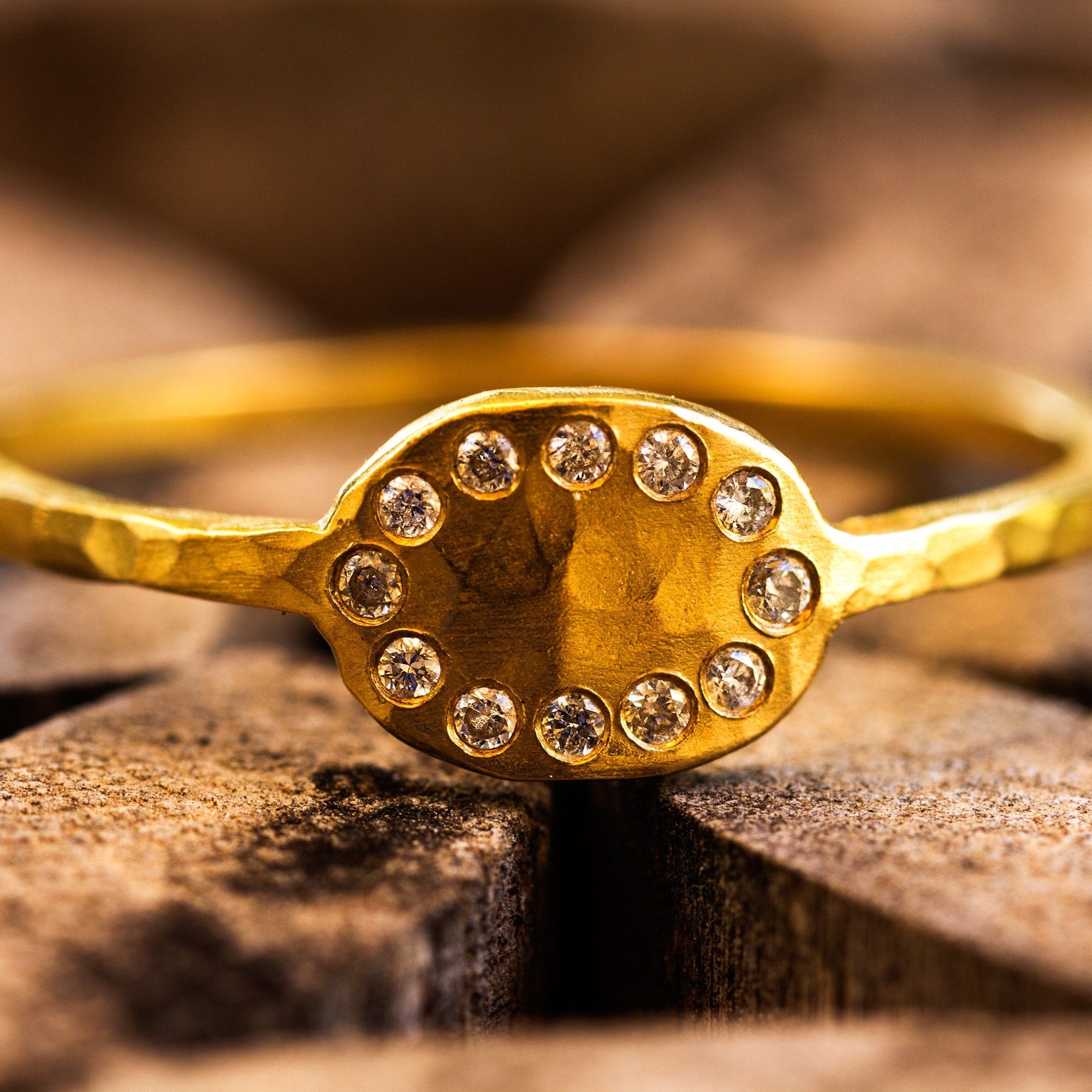 Hammered 14k Gold Diamond Ring with 12 Small Diamonds