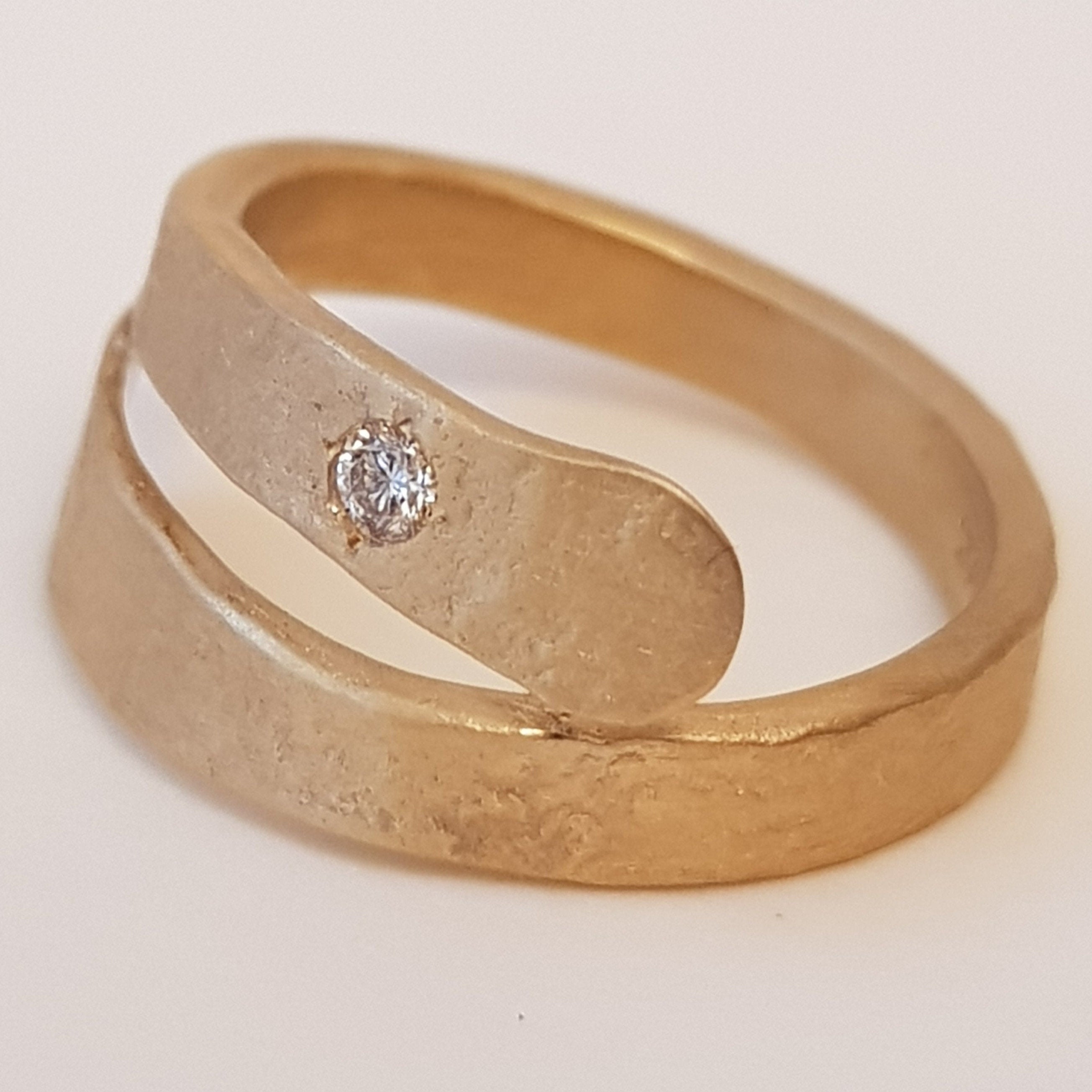 18k Textured Gold Adjustable Wrap Ring with Small Diamond