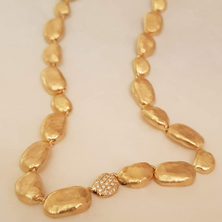 14k Gold Pebble Bead Necklace with Diamonds-ZadokGold