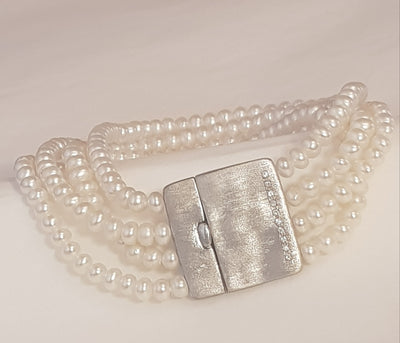 14k White Gold 4 Strand Pearl Bracelet with Diamonds