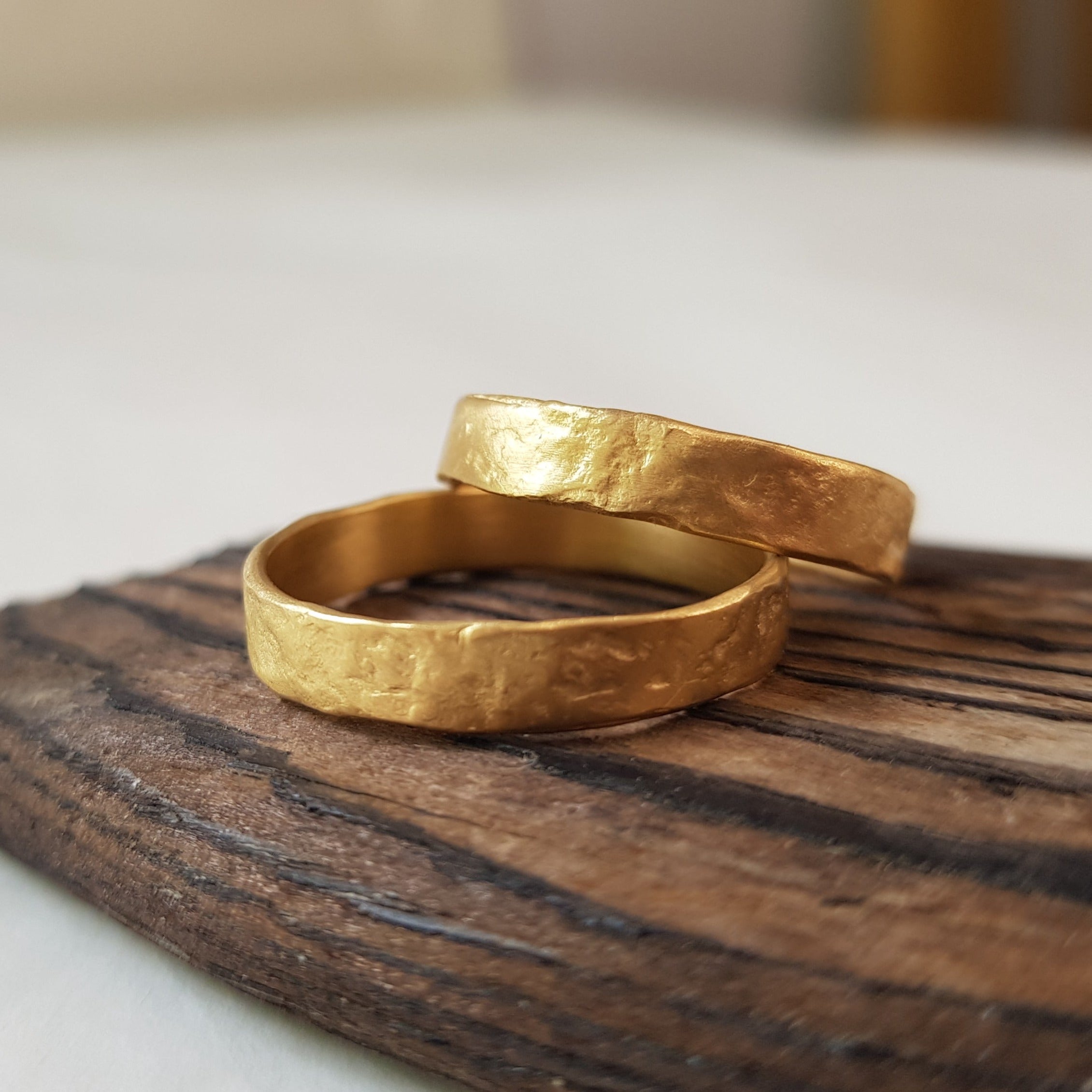 18K Textured Gold Matching His and Hers Gold Wedding Ring Set