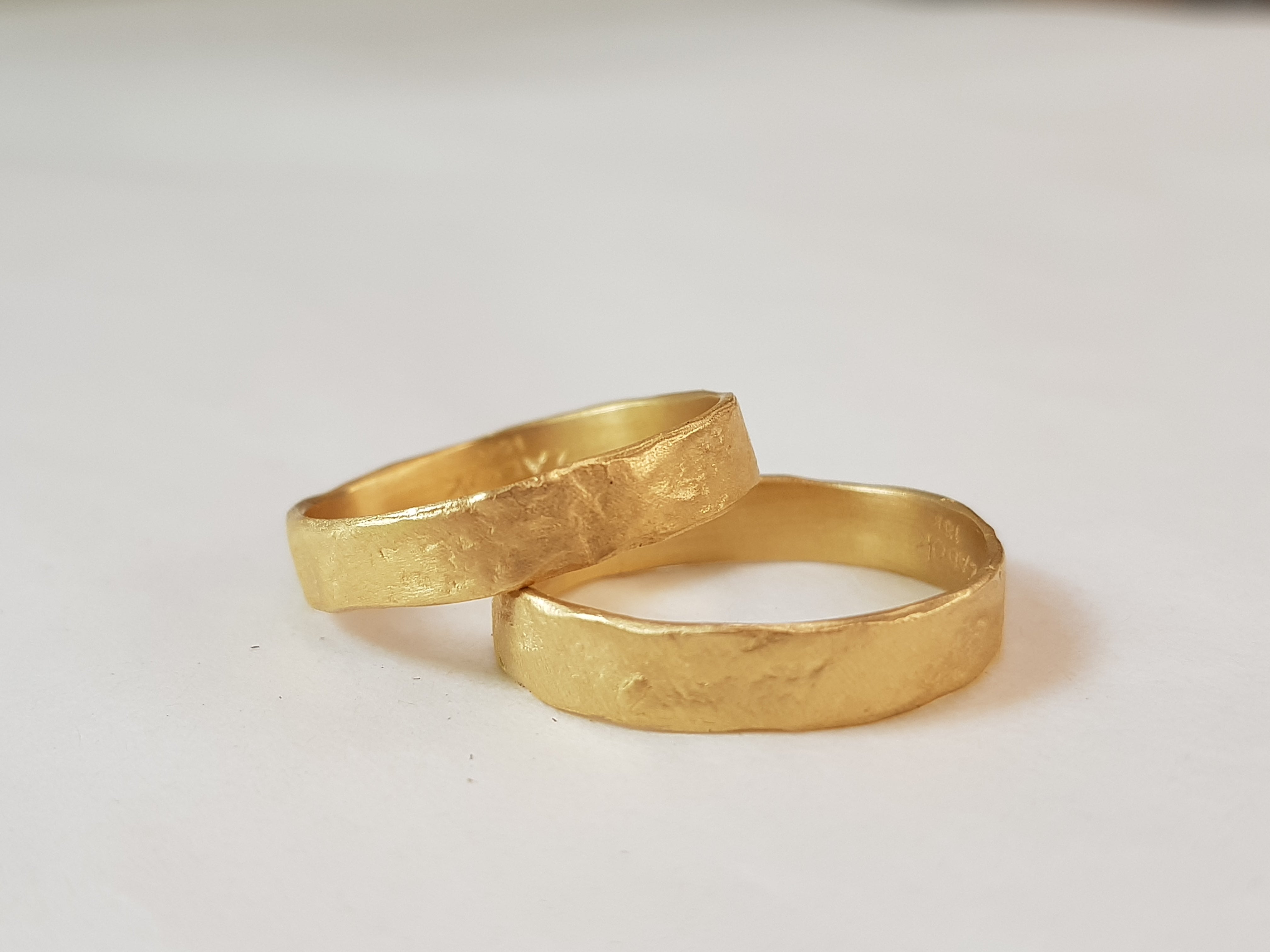 18K Textured Gold Matching His and Hers Gold Wedding Ring Set