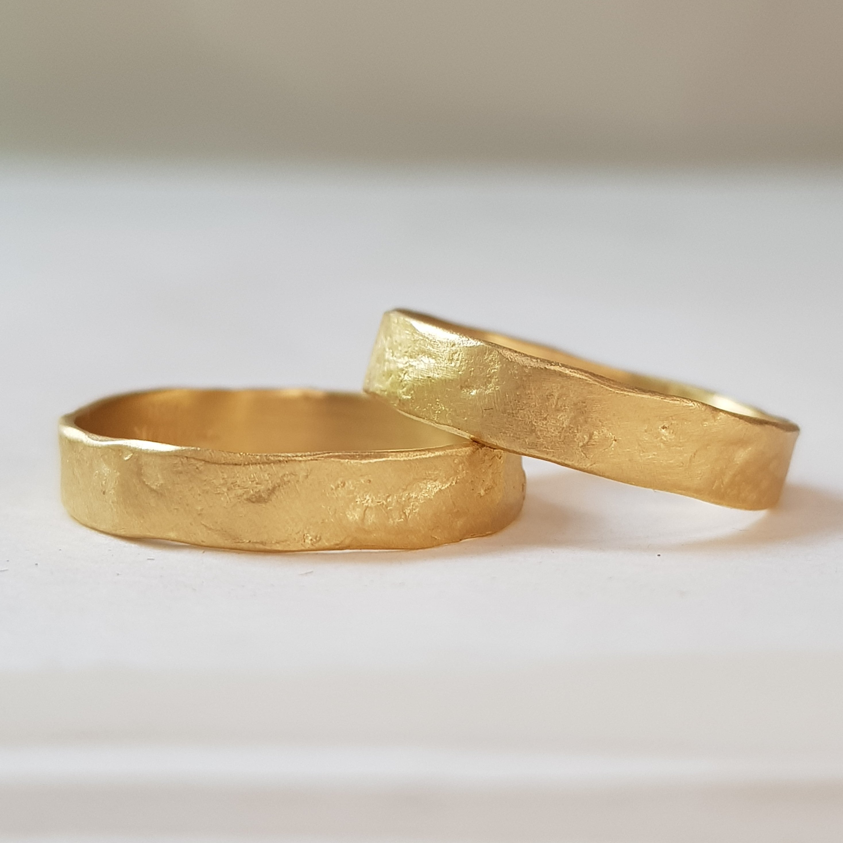 18K Textured Gold Matching His and Hers Gold Wedding Ring Set