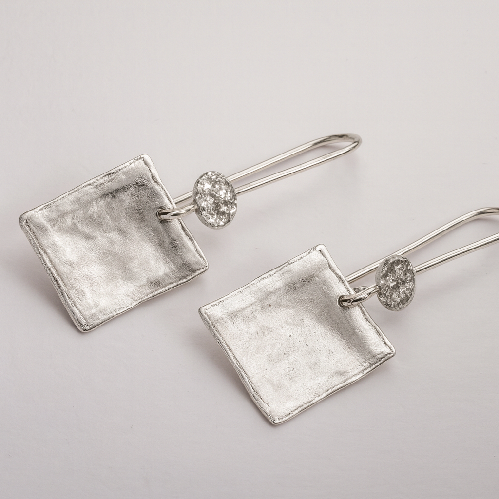 Sterling Silver Square Drop Earrings, Textured Geometric Dangle Earrings