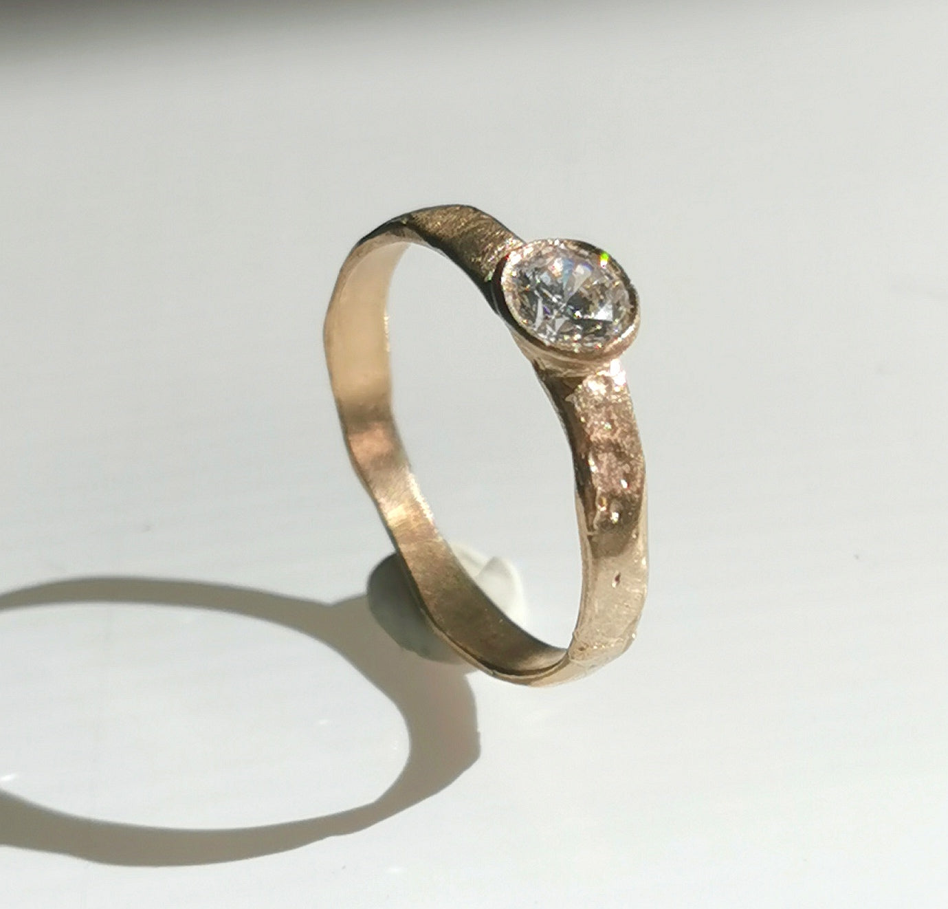 Bezel Set Diamond Engagement Ring, Solid Gold Organic Rustic Band