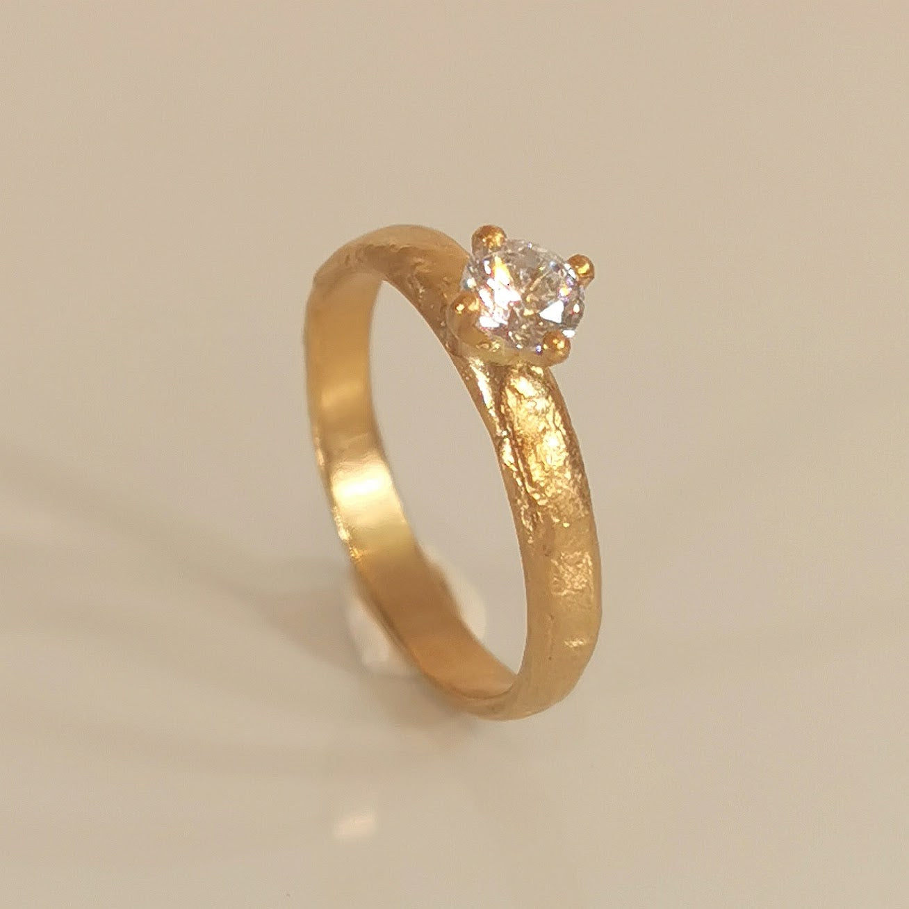 Gold Raw Organic Band with Natural Diamond Solitaire Ring 