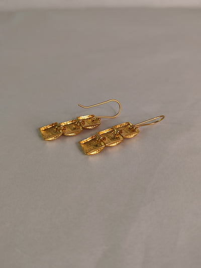 3 Tier Long Dangle Textured Gold Square Earrings