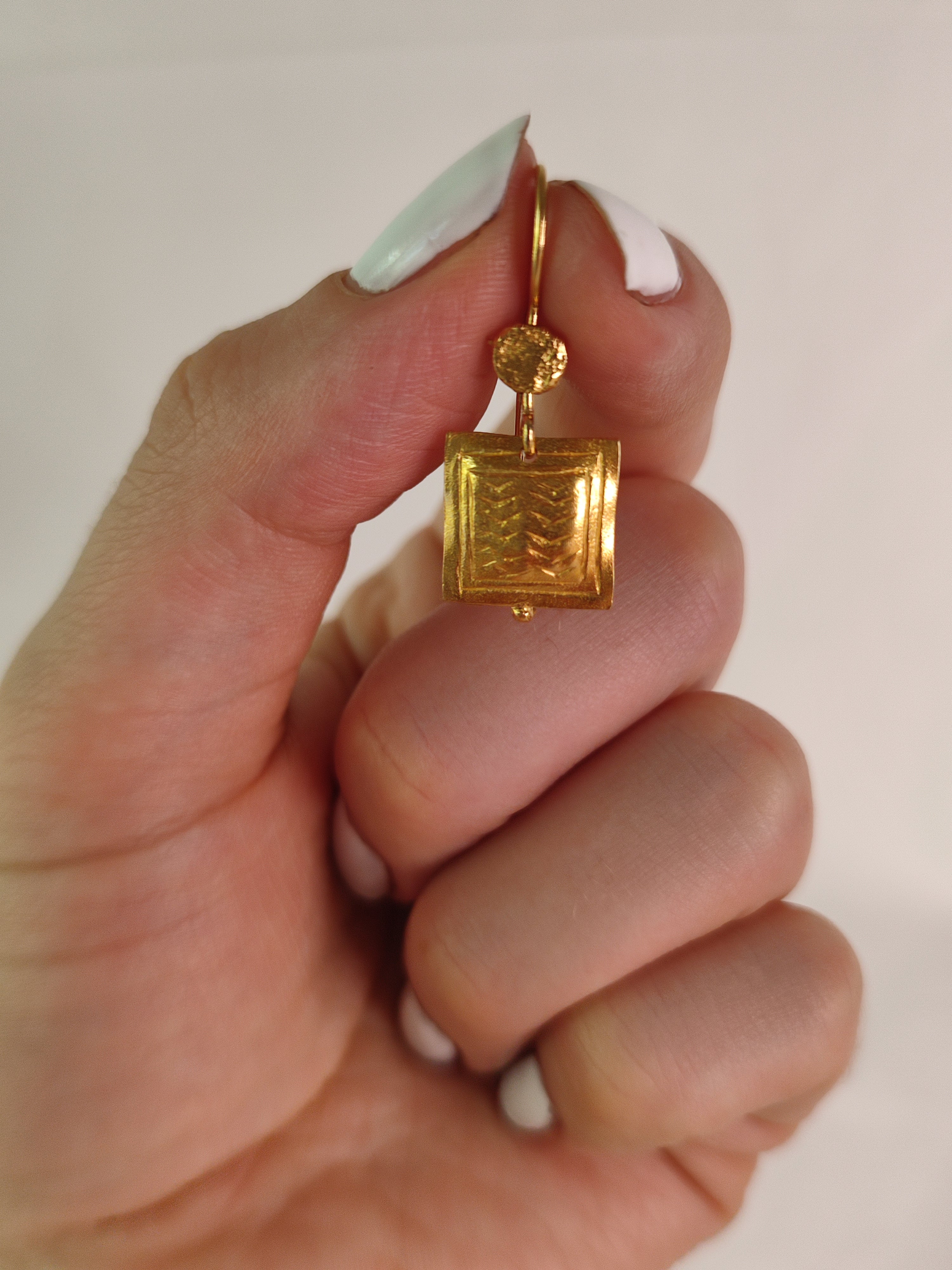 Engraved Ancient Gold Square Earrings