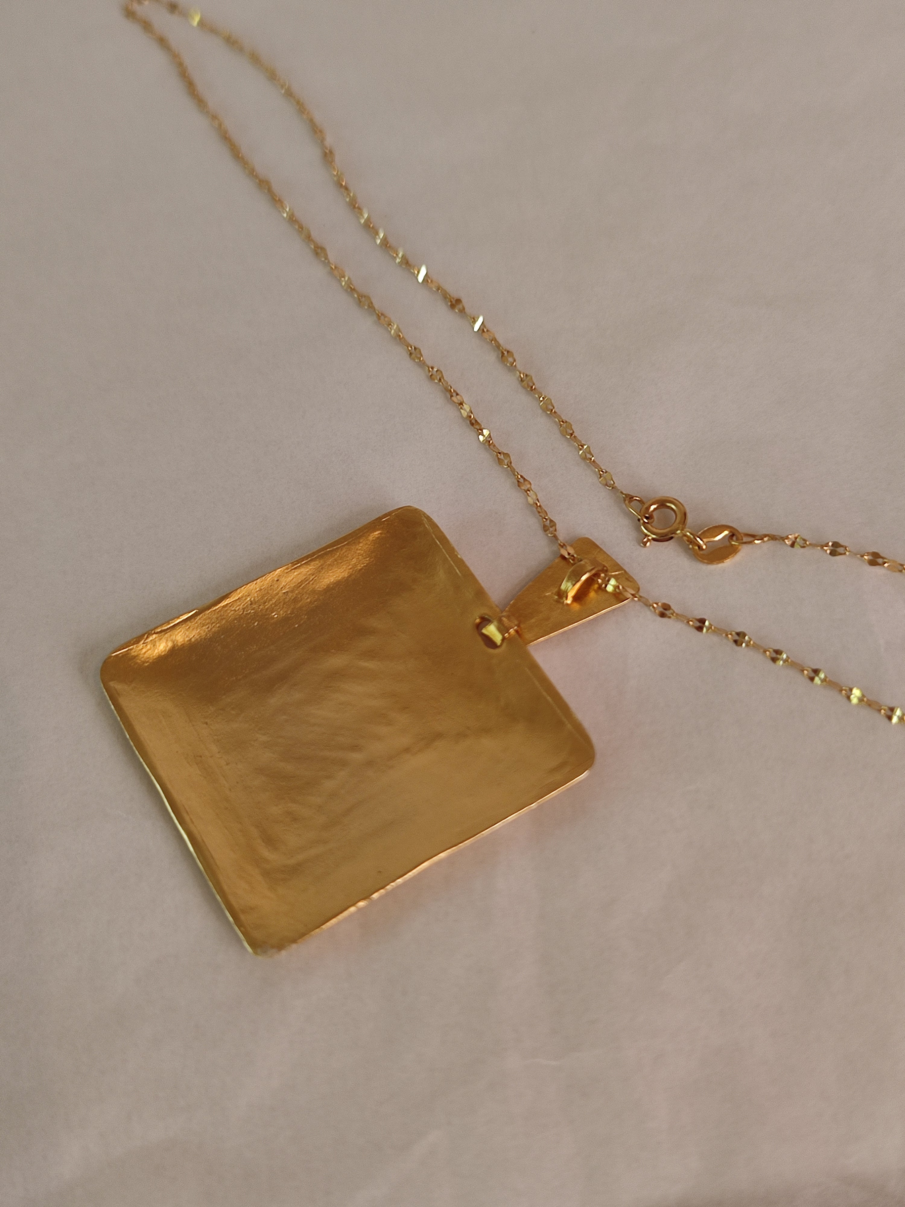 14k Gold large Square Pendant Necklace - Textured Hammered Gold Necklace-ZadokGold