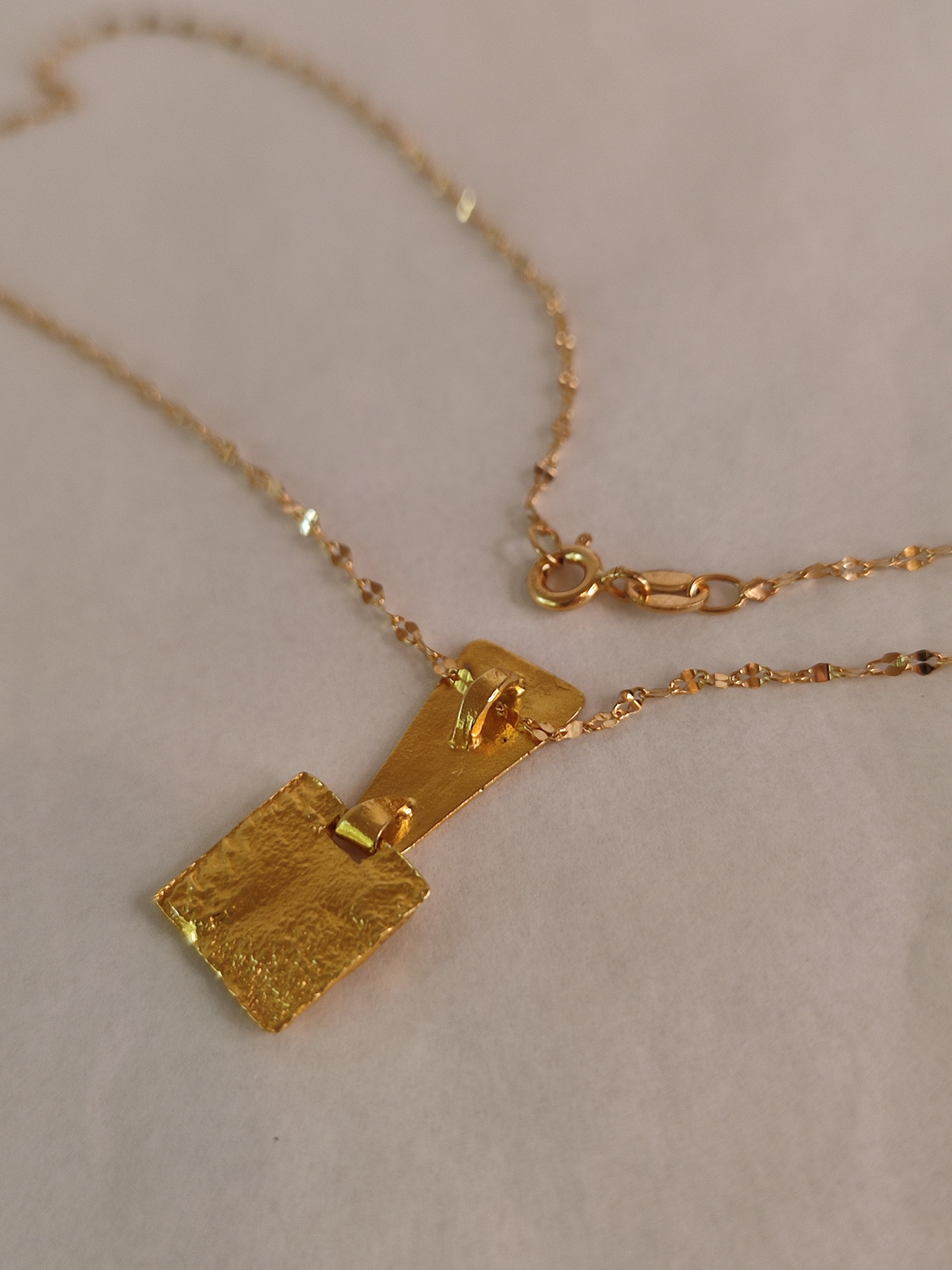 14k Textured Gold Square Geometric Pendant Necklace-ZadokGold