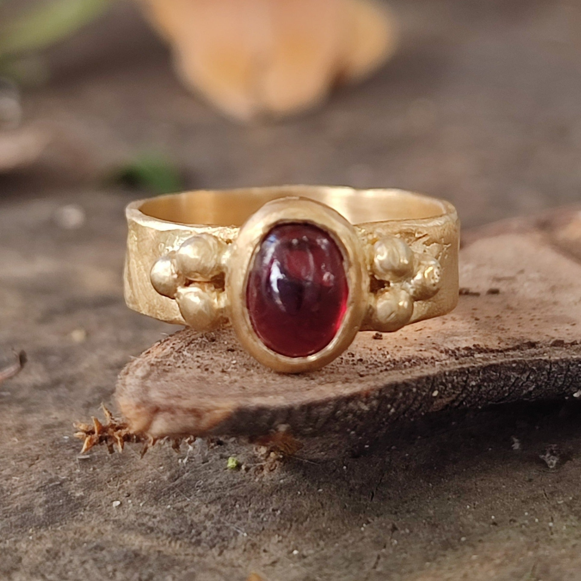 18k Gold Ancient Sacred Geometry Red Garnet Cabochon Ring